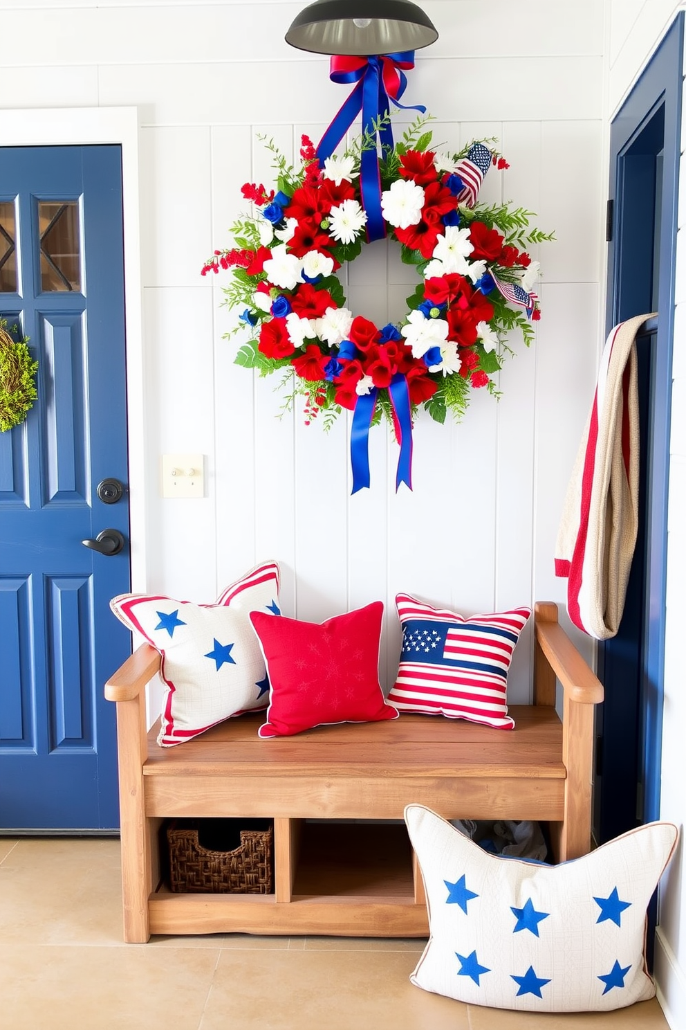 A charming mudroom adorned for Independence Day features a vibrant seasonal wreath on the door made of red white and blue flowers and ribbons. The space includes a rustic bench with storage underneath and patriotic-themed cushions for added comfort.