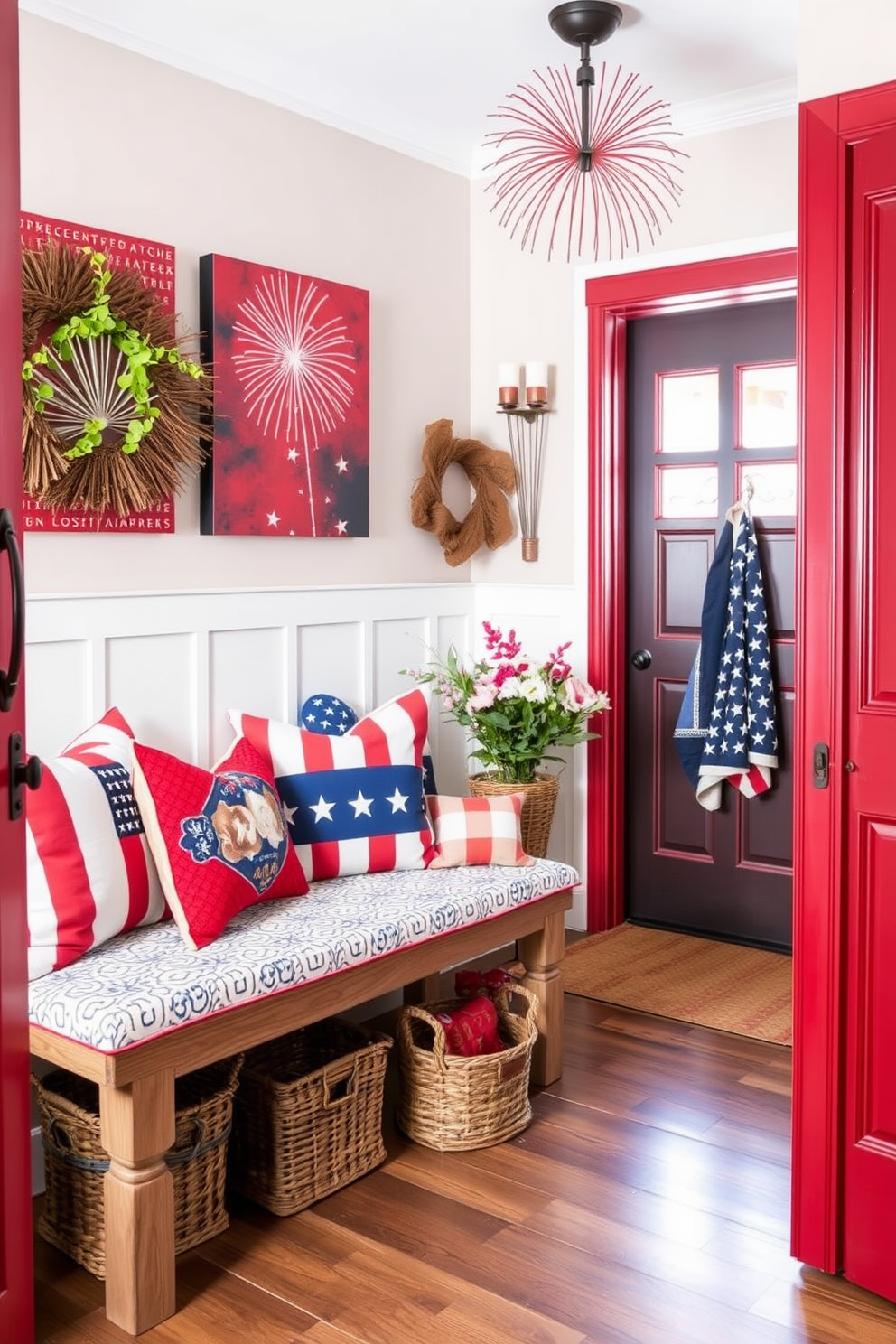 A vibrant mudroom filled with firework inspired decorative accents celebrates Independence Day. The walls are adorned with red, white, and blue artwork featuring fireworks, while a rustic bench is decorated with patterned cushions in patriotic colors.