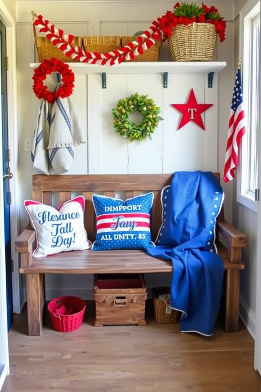 A rustic wooden bench is adorned with colorful cushions celebrating Independence Day. The mudroom features patriotic decor, including red, white, and blue accents that create a festive atmosphere.