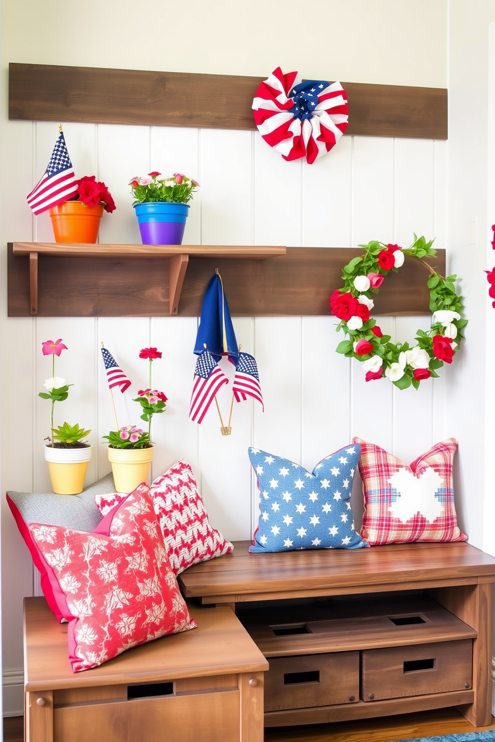 Miniature flags in colorful flower pots are arranged on a rustic wooden shelf in the mudroom. The pots are filled with vibrant blooms, adding a festive touch to the space for Independence Day celebrations. The mudroom features a charming bench with storage underneath, adorned with red, white, and blue throw pillows. A patriotic wreath hangs on the door, welcoming guests with a cheerful holiday spirit.