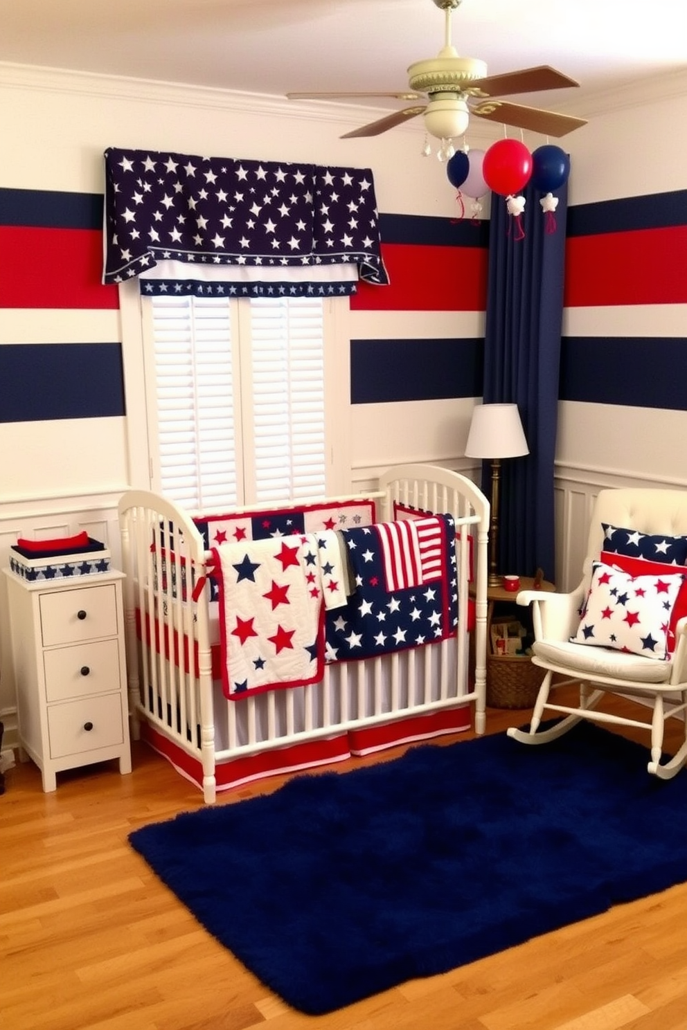 A cheerful nursery designed with a red white and blue color scheme inspired by Independence Day. The walls are painted a soft white with bold red and blue accents in the form of star and stripe patterns on the bedding and curtains. A cozy crib is centered in the room, adorned with a patriotic quilt featuring stars and stripes. A plush blue rug lies beneath the crib, while red and white cushions are scattered across a comfortable rocking chair in the corner.