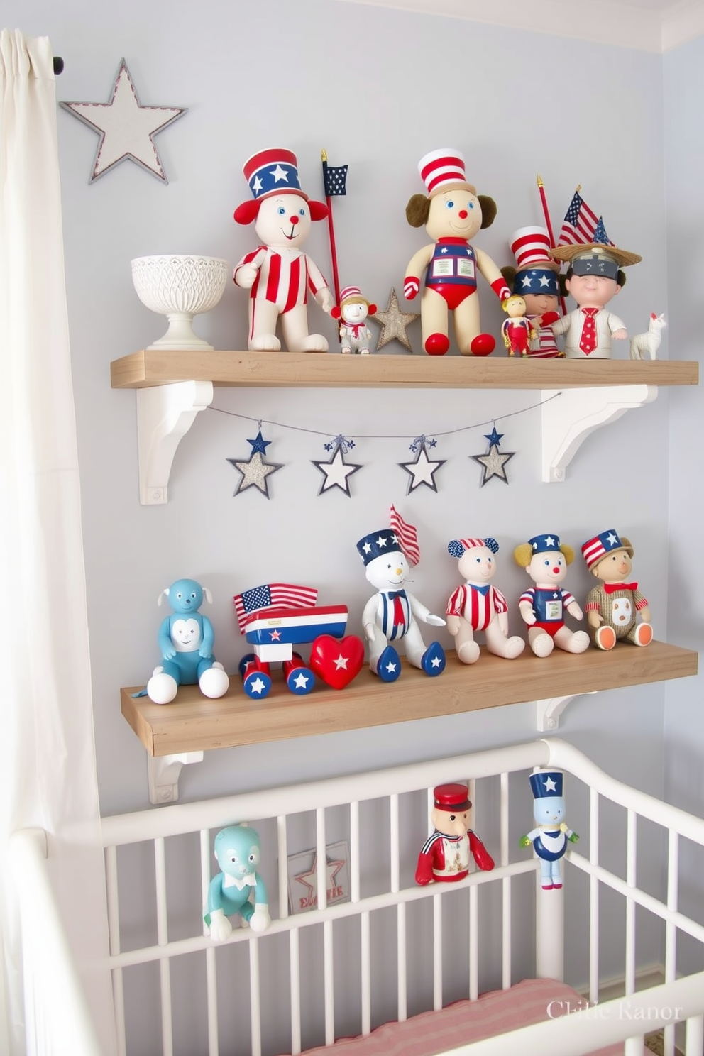 Vintage patriotic toys are displayed on rustic wooden shelves, featuring classic red, white, and blue colors that celebrate Independence Day. The nursery is adorned with soft pastel accents, creating a warm and inviting atmosphere for children to enjoy.