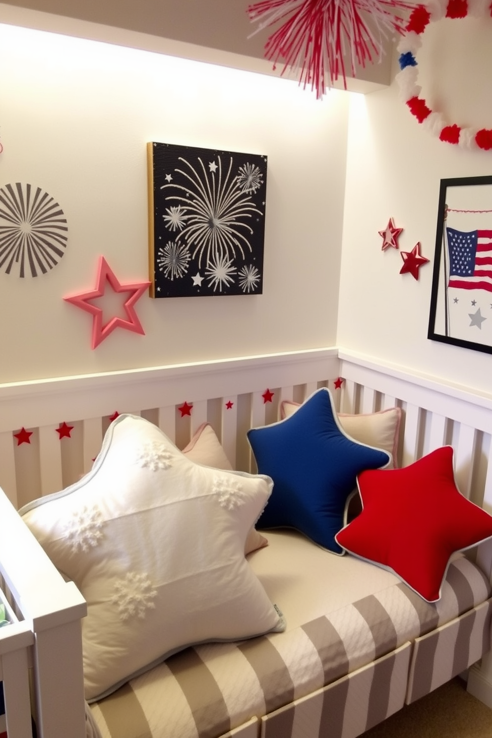 Star shaped cushions for seating create a playful and festive atmosphere in an Independence Day themed nursery. The cushions are arranged on a cozy reading nook, surrounded by red, white, and blue decorations that celebrate the holiday. Soft, plush fabrics in star shapes provide comfort and style, making the seating area inviting for children. The nursery features wall art depicting fireworks and flags, enhancing the celebratory theme throughout the space.