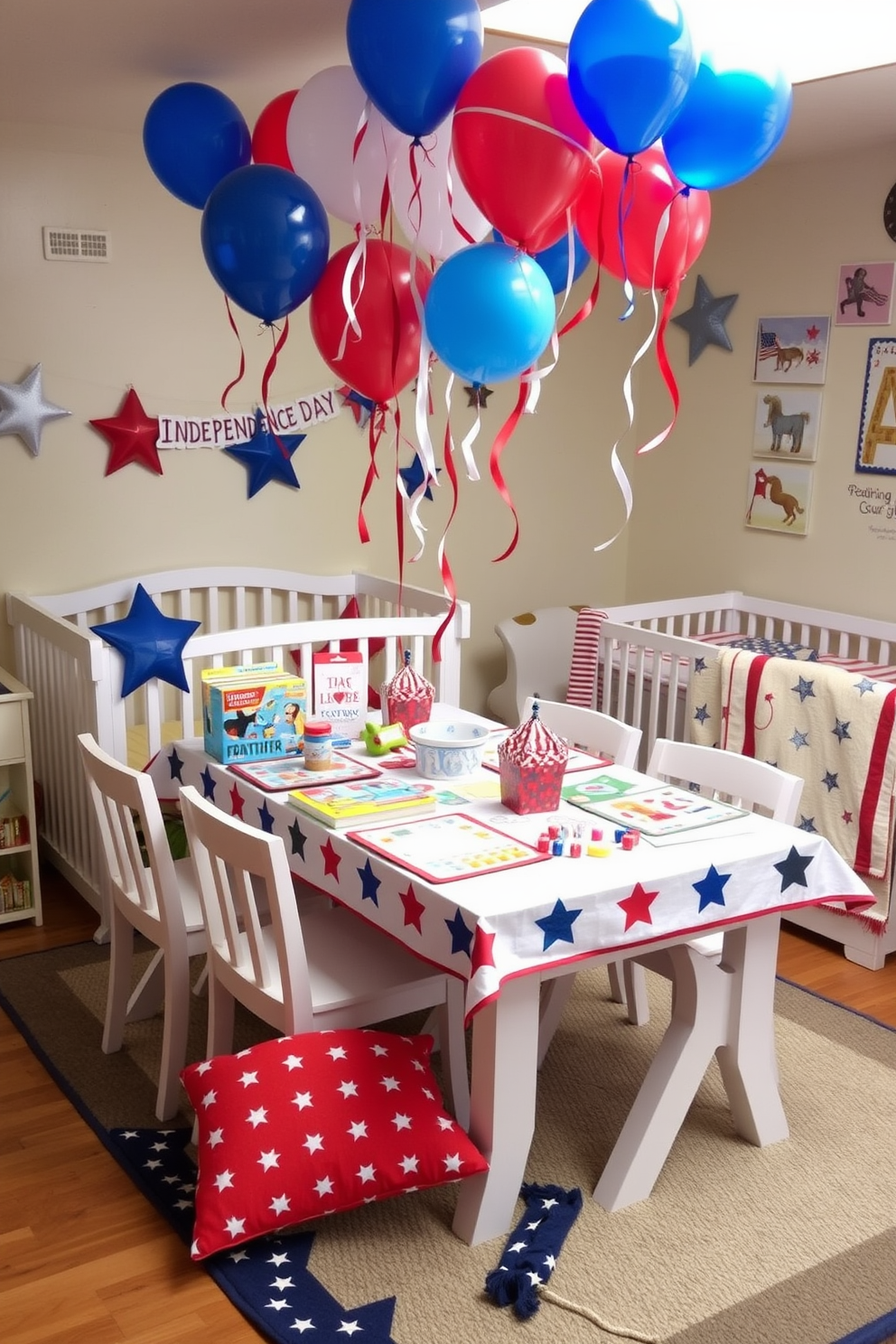 A festive table is set up for playtime activities, adorned with red, white, and blue decorations that celebrate Independence Day. Colorful balloons and streamers hang above the table, while a variety of fun games and crafts are neatly arranged for children to enjoy. The nursery is decorated with playful elements that reflect the spirit of the holiday, featuring star-shaped pillows and themed artwork on the walls. A cozy reading nook is created with a patriotic blanket and cushions, inviting little ones to relax and engage in imaginative play.