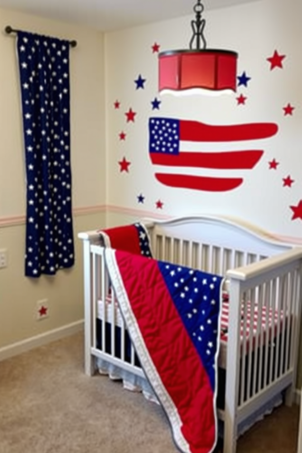 A charming nursery decorated with American flag wall decals creating a festive atmosphere. The walls are painted in soft pastel colors, and a cozy crib is positioned against one wall, adorned with a red, white, and blue quilt.