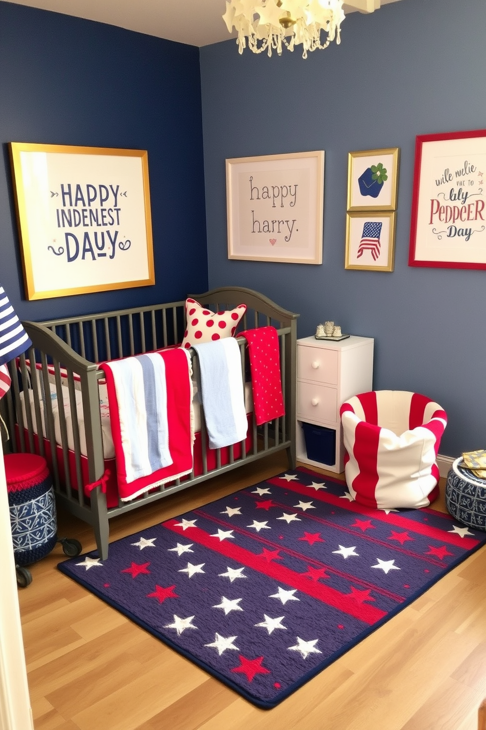 A cozy nursery decorated in a red white and blue theme. The floor is covered with a vibrant rug featuring stars and stripes, while the walls are adorned with playful artwork celebrating Independence Day.