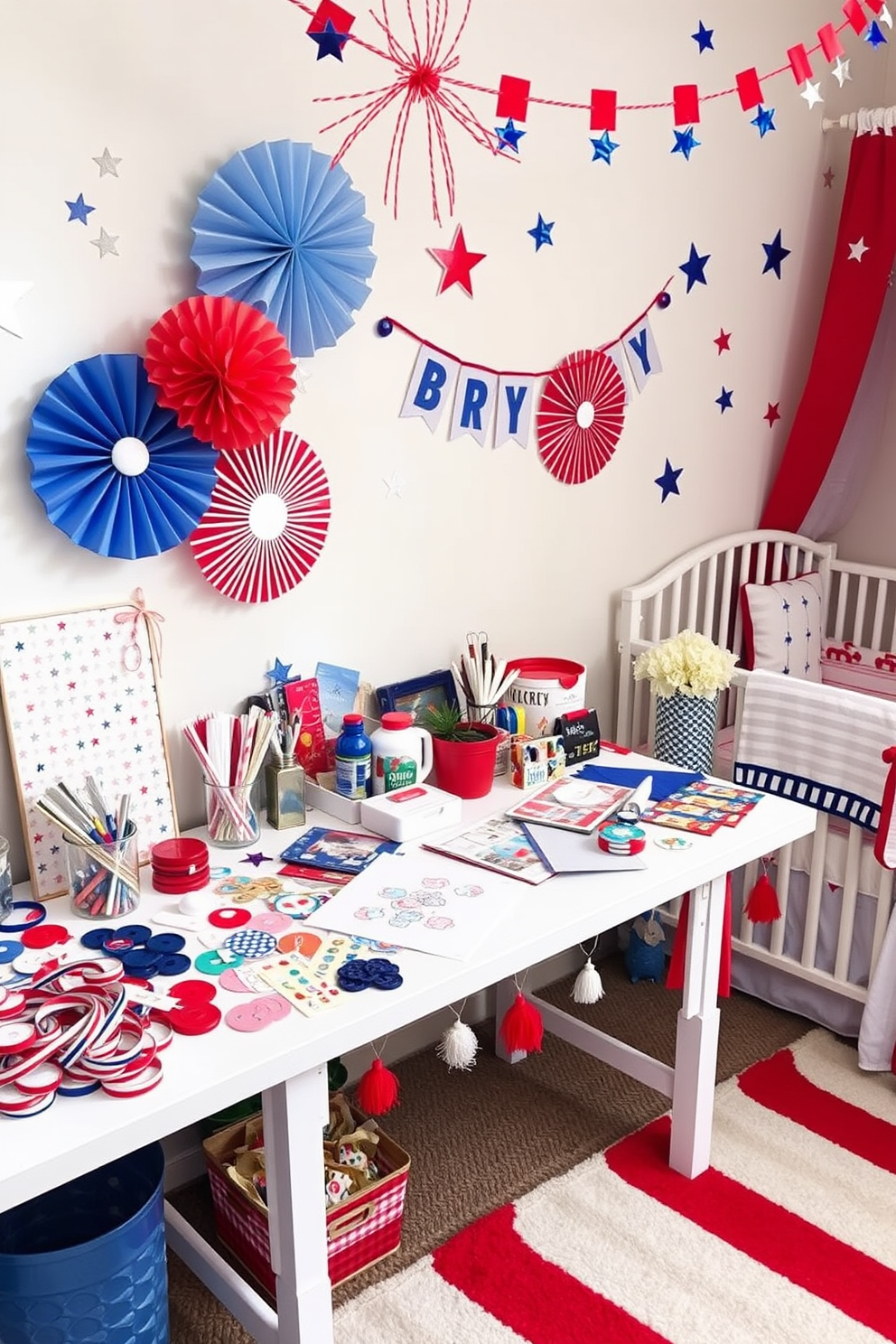 A vibrant craft station filled with holiday supplies for Independence Day. The table is adorned with red white and blue decorations along with various crafting materials like ribbons and stickers. The nursery features playful decor celebrating Independence Day. Soft pastel colors blend with festive elements like star and stripe patterns on the walls and bedding.