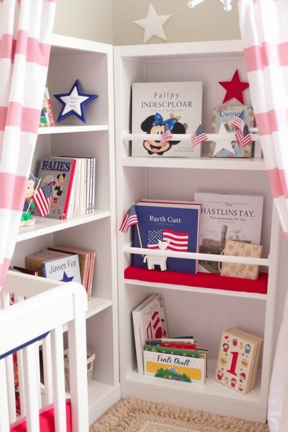 A charming nursery setting featuring themed bookshelves that showcase a collection of patriotic books. The shelves are painted in soft red and white hues, adorned with miniature flags and stars to celebrate Independence Day.