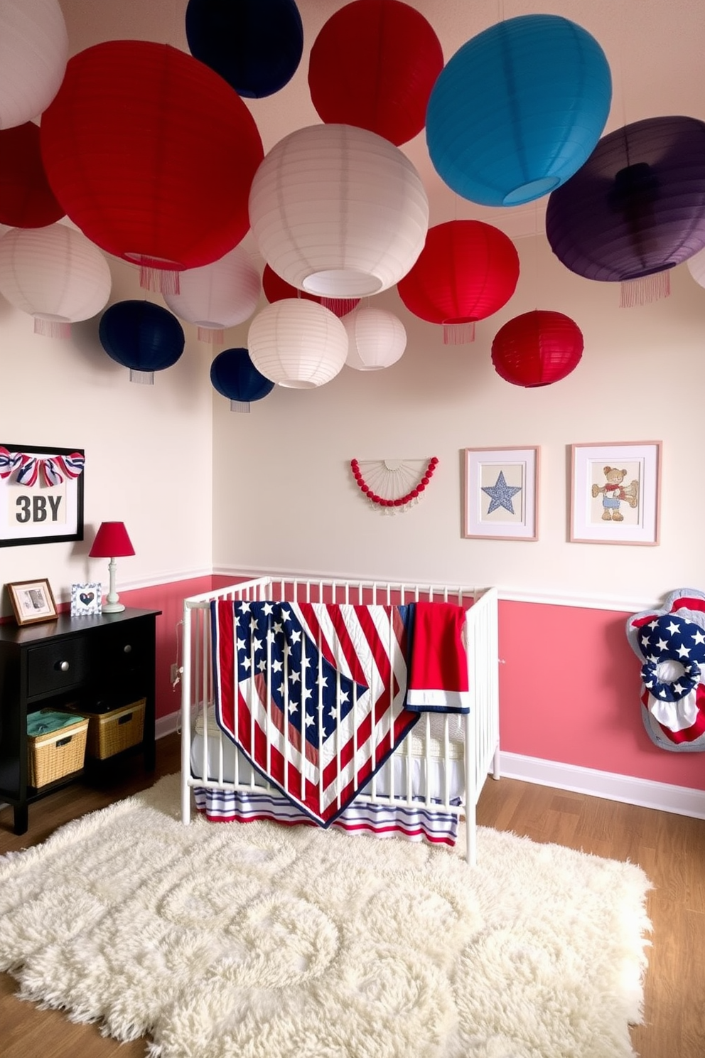 A cozy nursery setting decorated for Independence Day. The room features handmade paper lanterns in red white and blue hanging from the ceiling creating a festive atmosphere. The walls are painted in soft pastel colors with patriotic-themed artwork framed and displayed. A comfortable crib is adorned with a quilt featuring stars and stripes while a plush rug adds warmth to the space.