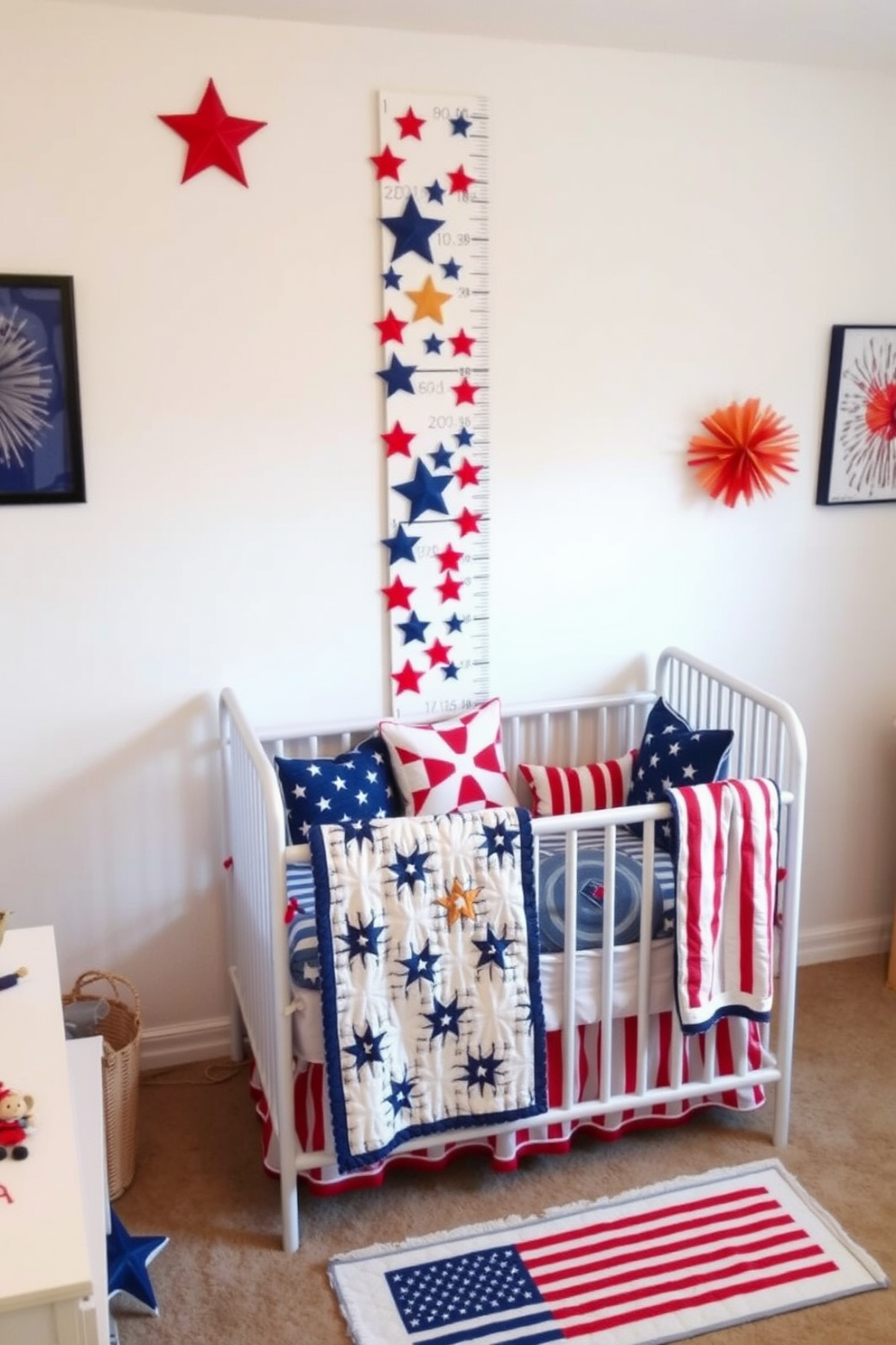 A charming nursery decorated for Independence Day features a growth chart adorned with red white and blue stars and stripes. The wall behind the chart is painted a soft white allowing the vibrant colors to stand out beautifully. The room includes a cozy crib draped with a patriotic quilt and matching cushions. Accents like a small rug with a flag motif and wall art depicting fireworks complete the festive atmosphere.