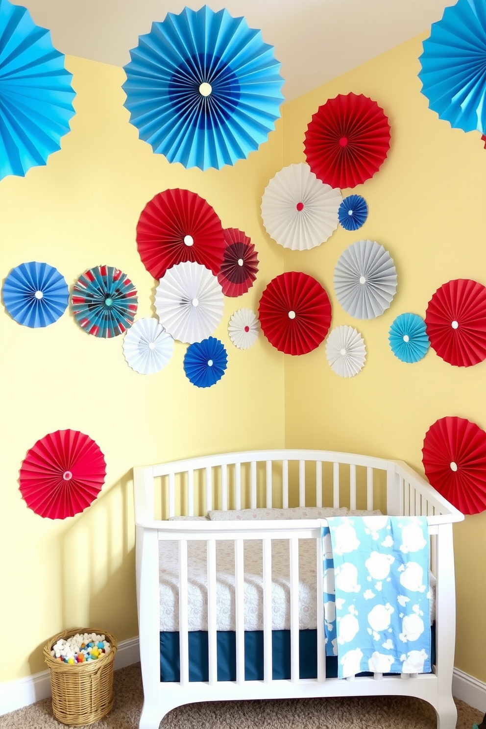 A vibrant nursery adorned with colorful paper fans in red white and blue creating a festive atmosphere for Independence Day. The walls are painted in soft pastel shades providing a cheerful backdrop for the playful decor elements.