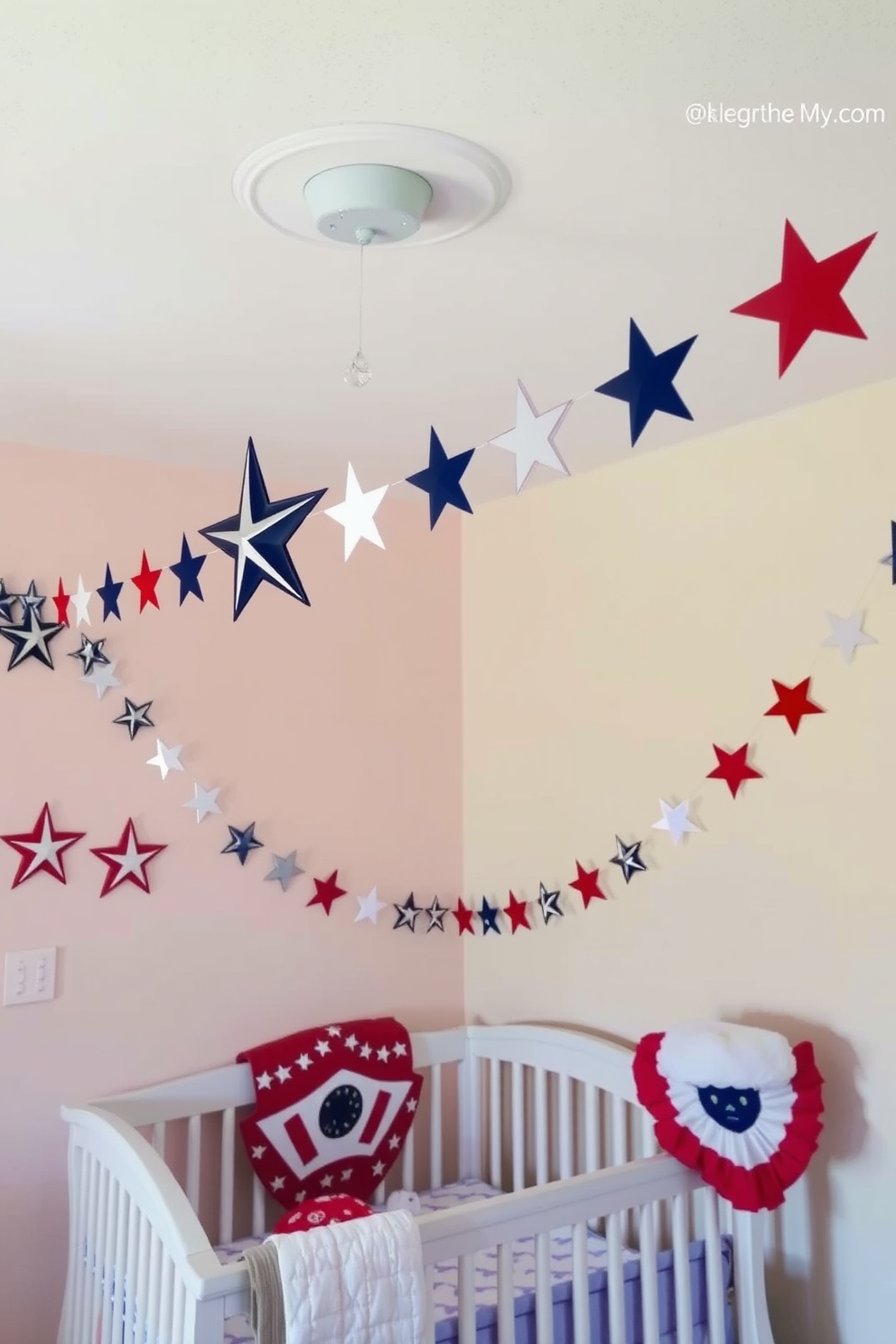 A charming nursery decorated for Independence Day features patriotic star garlands hanging from the ceiling. The walls are painted in soft pastel colors, creating a warm and inviting atmosphere for a festive celebration.