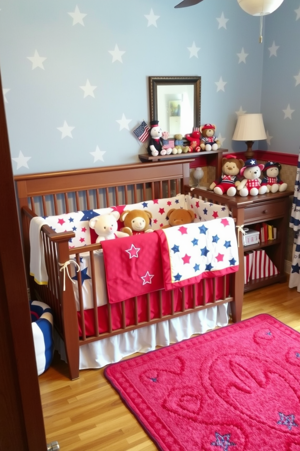 A charming nursery decorated in a patriotic theme. The walls are painted in soft blue with white stars, and a cozy crib is adorned with red, white, and blue bedding featuring cute stuffed animals. A collection of stuffed animals in various patriotic outfits is displayed on a wooden shelf. A vibrant red rug sits on the floor, completing the festive and welcoming atmosphere.