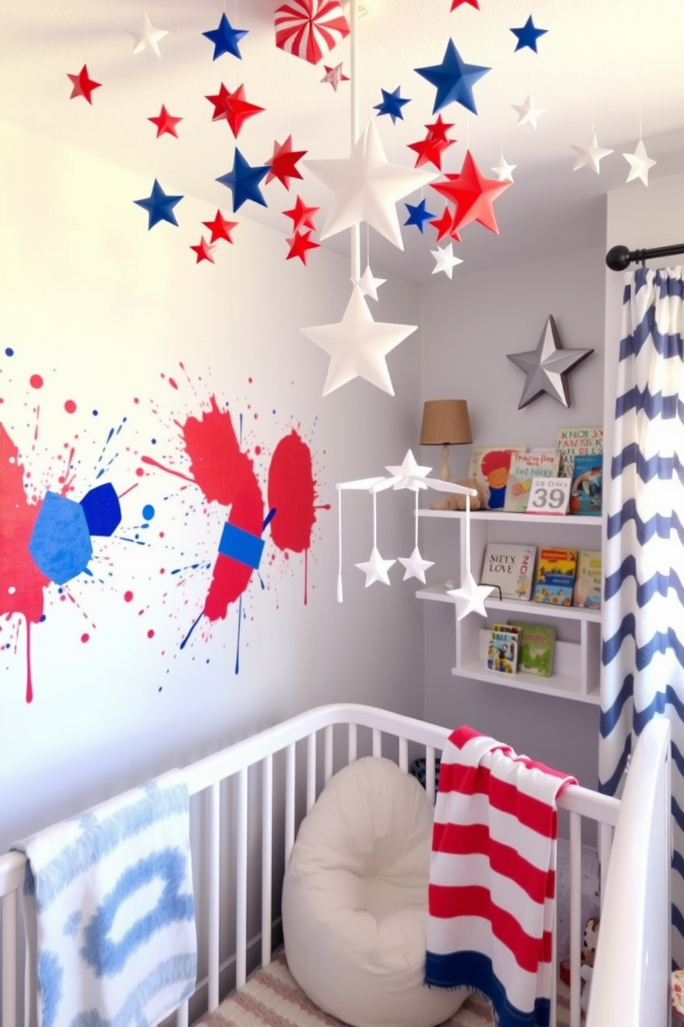 Create a vibrant nursery space decorated for Independence Day. The walls are adorned with colorful paint splatter art featuring red, white, and blue hues, while playful star-shaped decorations hang from the ceiling. In one corner, a cozy reading nook is set up with a soft bean bag chair and shelves filled with children's books. A cheerful mobile with stars and stripes gently sways above the crib, completing the festive atmosphere.