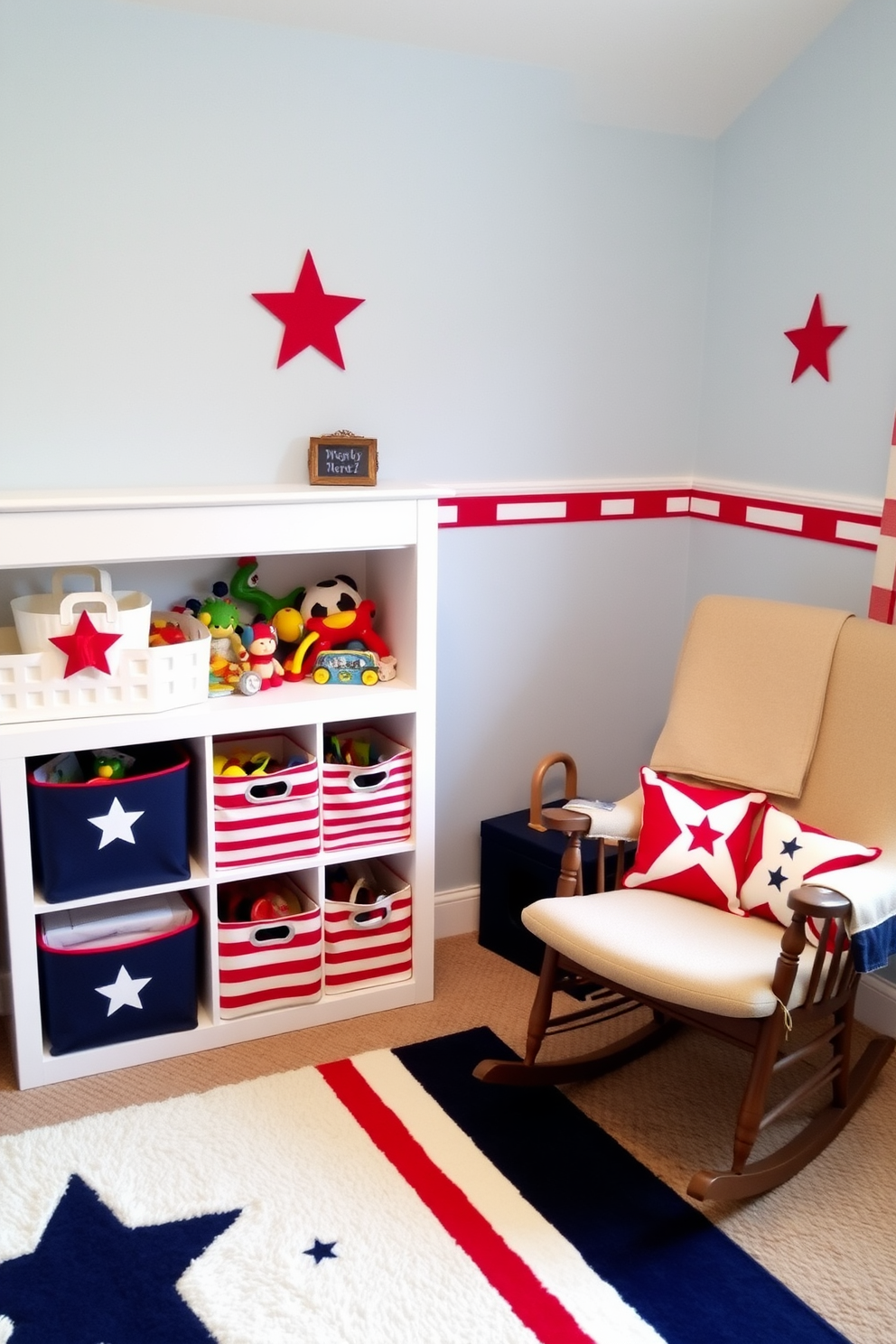 A charming nursery decorated with star and stripe themed storage bins. The bins are filled with colorful toys and neatly arranged along a white bookshelf. The walls are painted in soft blue with red and white accents. A cozy rocking chair sits in the corner, complemented by a plush area rug featuring stars and stripes.