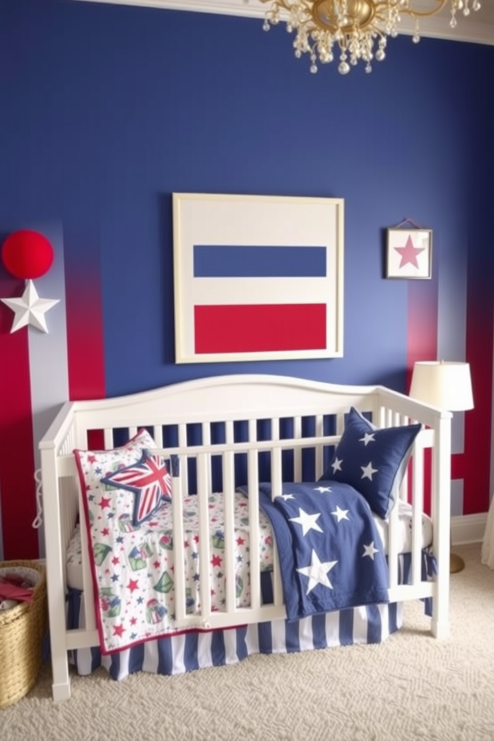 Create a vibrant nursery that celebrates Independence Day with red white and blue themed artwork. Incorporate playful elements like star and stripe patterns on the walls and bedding to enhance the festive atmosphere.