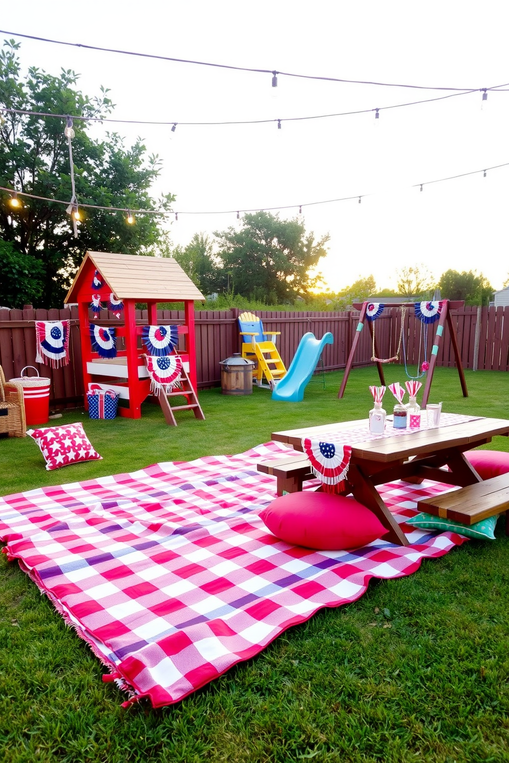 A cheerful outdoor picnic area designed for playtime during Independence Day celebrations. The space features a large checkered blanket spread on the grass, surrounded by colorful cushions and a festive table adorned with red, white, and blue decorations. Nearby, a playful wooden playset stands, complete with a slide and swings, inviting children to enjoy their time outdoors. String lights are hung above the area, creating a warm and inviting atmosphere as the sun sets.