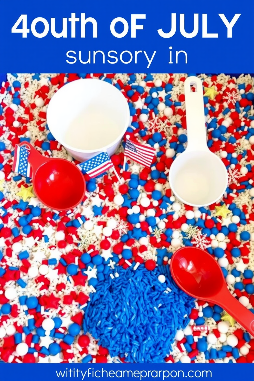 Create a vibrant sensory bin inspired by the Fourth of July. Fill the bin with red, white, and blue materials such as rice, pom poms, and stars for a festive touch. Incorporate small flags and miniature fireworks to enhance the Independence Day theme. Add scoops and containers for children to explore and engage with the sensory elements.