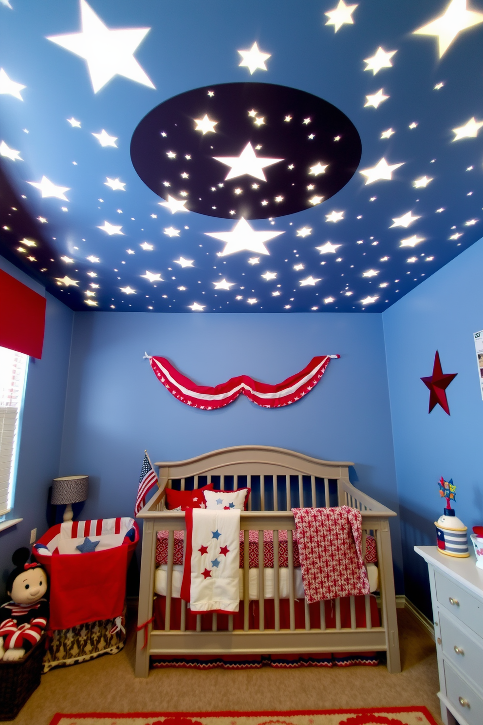 A cozy nursery featuring a starry night ceiling adorned with glowing decals that create a soothing ambiance for bedtime. The walls are painted in soft blue, complemented by red and white accents to celebrate Independence Day, including themed bedding and decorative elements.