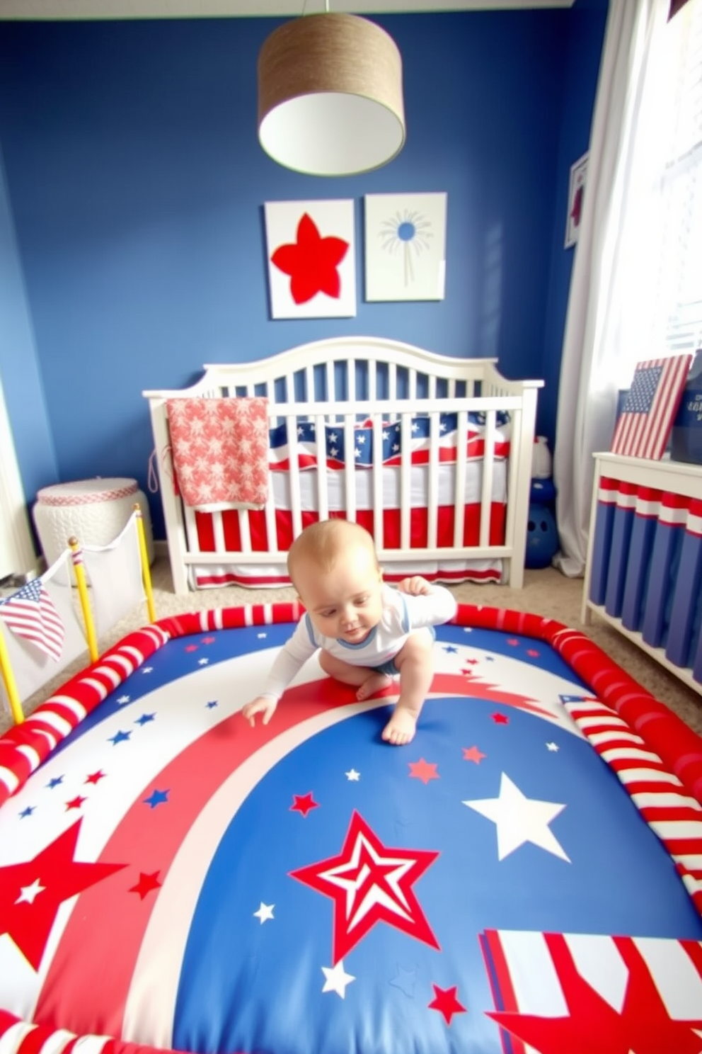 A patriotic themed play mat for babies featuring bold red white and blue colors with stars and stripes patterns. The mat is soft and cushioned providing a safe space for play while incorporating elements like small flags and fireworks motifs. The nursery is decorated with matching accessories such as a crib with red white and blue bedding and wall art showcasing patriotic symbols. Soft lighting enhances the cheerful atmosphere creating a welcoming space for both babies and parents celebrating Independence Day.