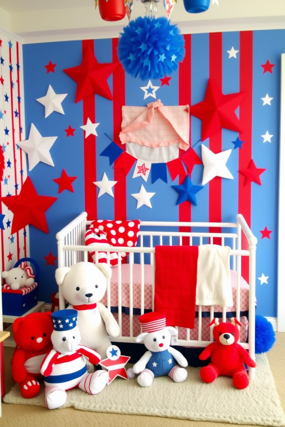 A vibrant nursery decorated with red white and blue themed toys celebrating Independence Day. The walls are adorned with playful star and stripe patterns while plush toys in patriotic colors are scattered throughout the room.