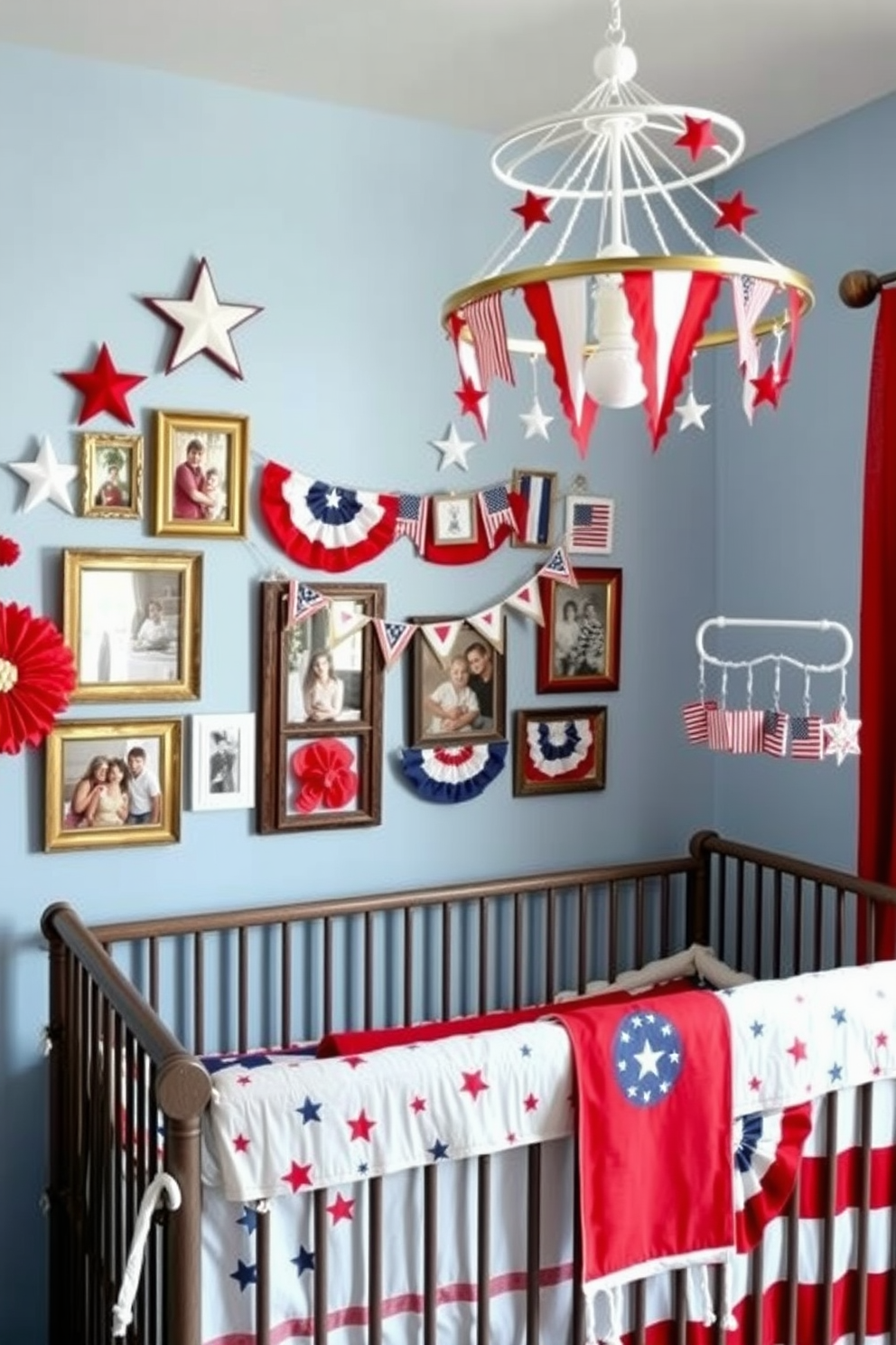 A festive Independence Day themed family photo wall adorned with red white and blue decorations. Vintage frames display family photos alongside patriotic banners and stars creating a warm and celebratory atmosphere. A cozy nursery decorated for Independence Day featuring soft blue walls and red accents. Crib bedding showcases stars and stripes while a mobile with miniature flags hangs above creating a playful and patriotic space.