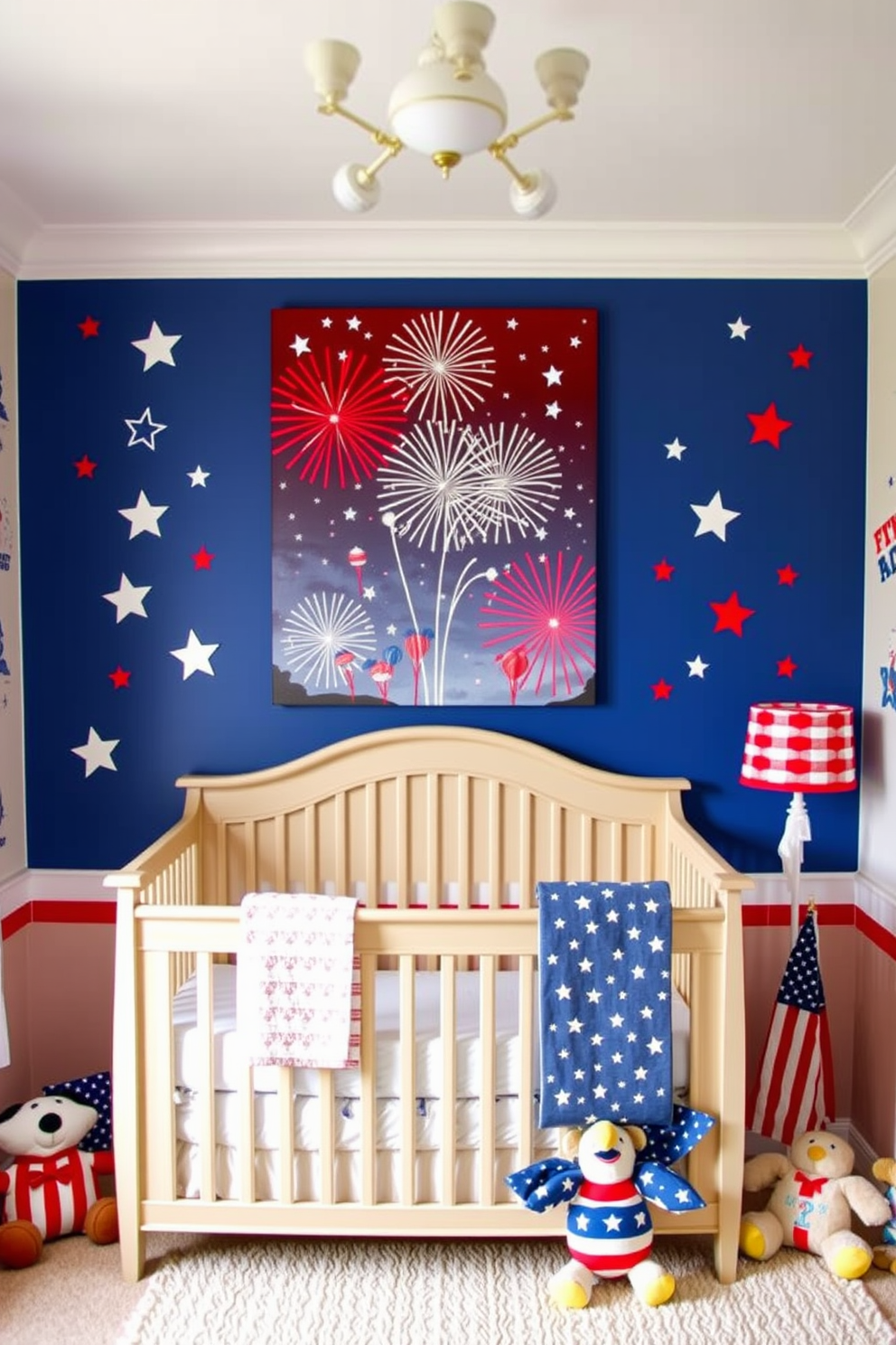 A charming nursery adorned with Fourth of July themed wall art. The walls are decorated with vibrant red white and blue colors featuring stars and stripes alongside playful patriotic motifs. Above the crib hangs a large canvas showcasing a whimsical depiction of fireworks in the night sky. Soft plush toys in the shape of eagles and flags are scattered throughout the room adding a festive touch to the decor.