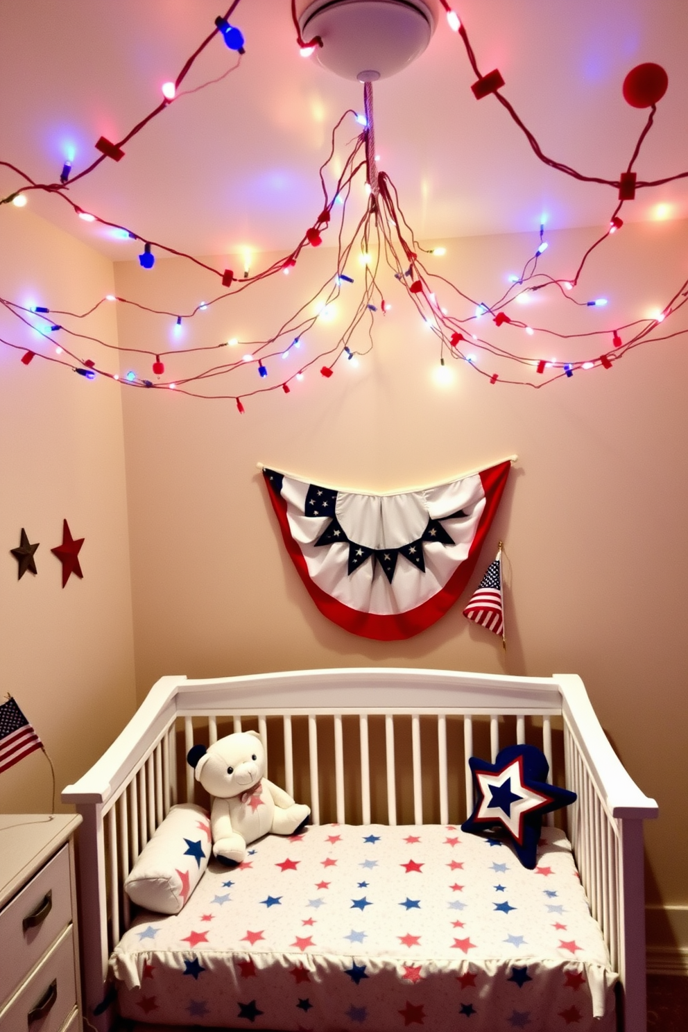 A cheerful nursery decorated for Independence Day. Festive light strings in red, white, and blue drape across the ceiling, creating a warm and inviting glow. Soft, star-patterned bedding adorns the crib, complemented by plush toys in patriotic colors. A small American flag is displayed on the dresser, adding a touch of festive spirit to the room.