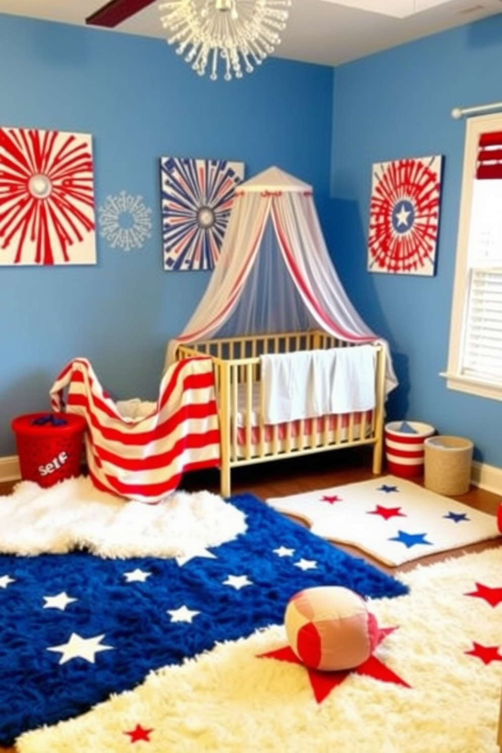 A colorful and playful nursery setting designed for Independence Day. The walls are adorned with DIY fireworks paintings created by toddlers, featuring vibrant reds, blues, and whites. Soft, plush rugs in star patterns cover the floor, providing a cozy play area. A crib draped with a lightweight red and white striped canopy sits in the corner, adding a festive touch to the space.