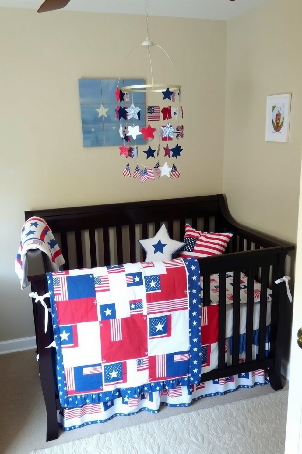 A charming nursery decorated for Independence Day features crib bedding sets adorned with red white and blue flag patterns. The room is filled with patriotic accents including star-shaped pillows and a mobile hanging above the crib showcasing miniature flags.