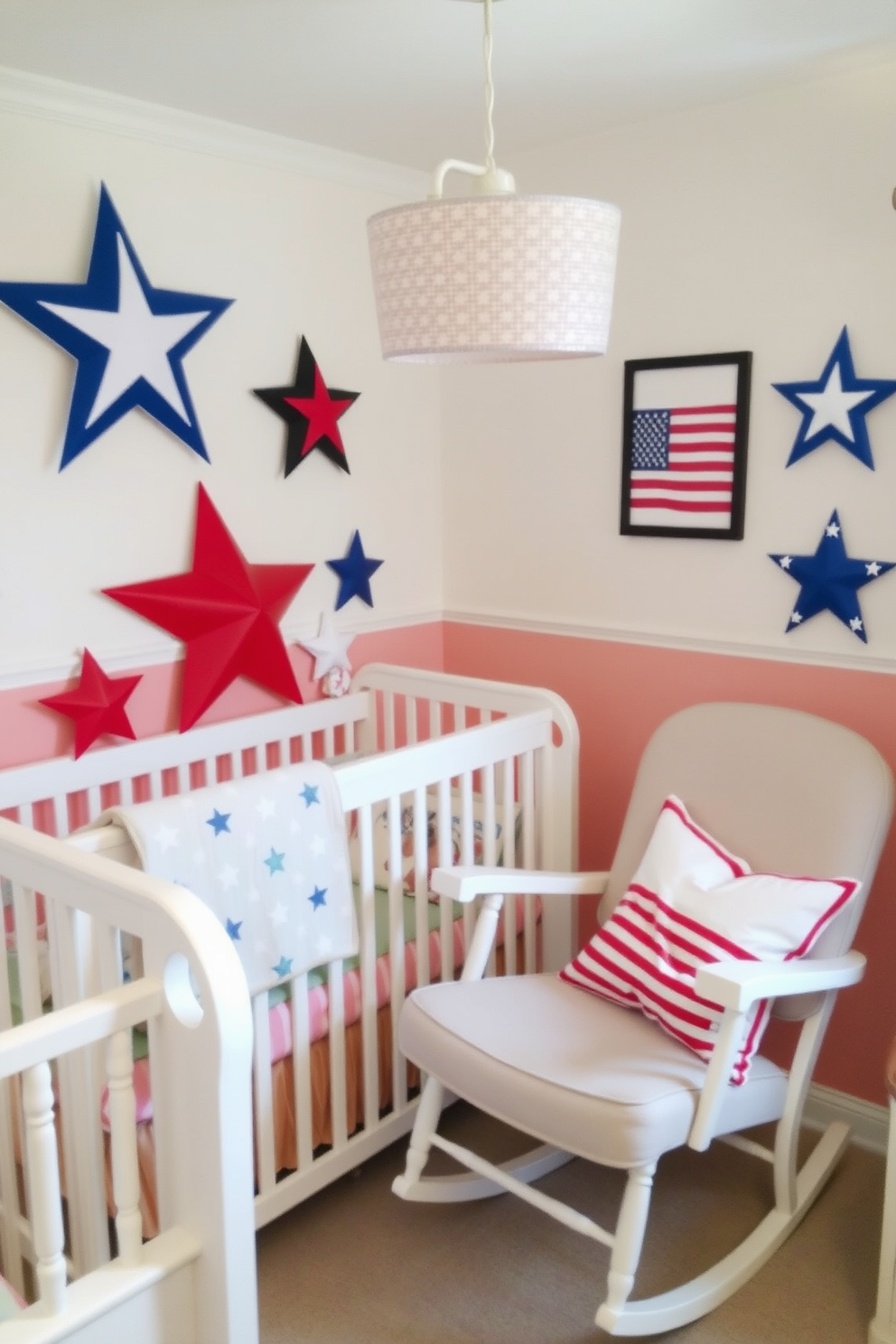 A cozy nursery adorned with stars and stripes accent pillows to celebrate Independence Day. The walls are painted in soft pastel colors, and a comfortable rocking chair is positioned in the corner, creating a warm and inviting atmosphere.