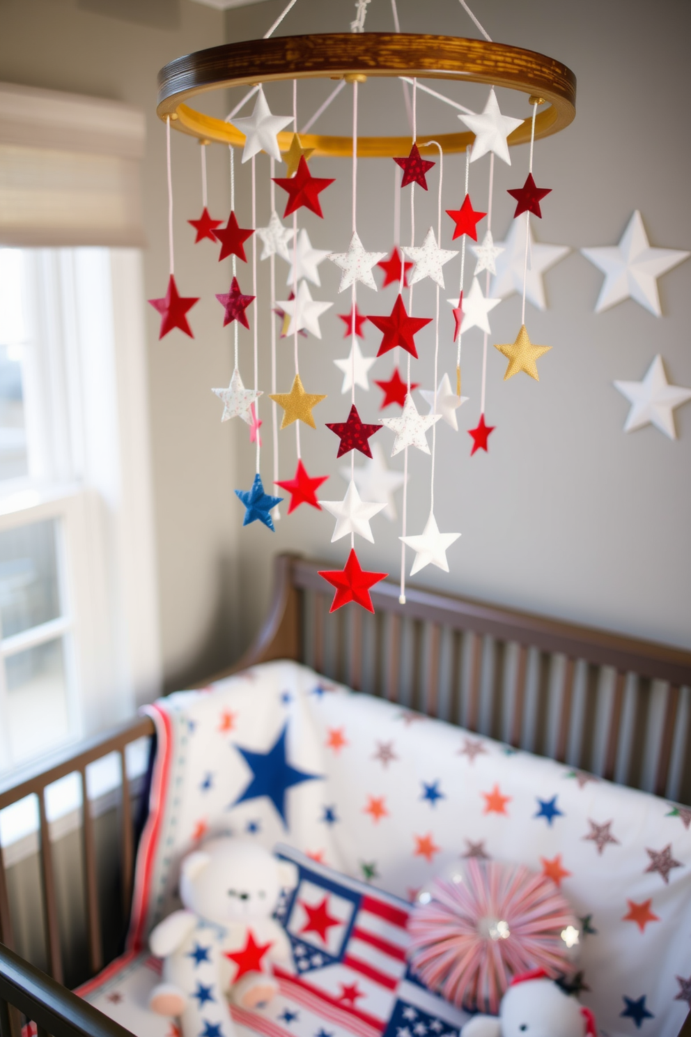 Independence Day themed mobile decorations. The mobile features red white and blue stars and stripes suspended from a wooden frame creating a festive atmosphere. Independence Day Nursery Decorating Ideas. The nursery is adorned with soft patriotic colors including a quilt with stars and a flag motif along with plush toys in the shape of fireworks.