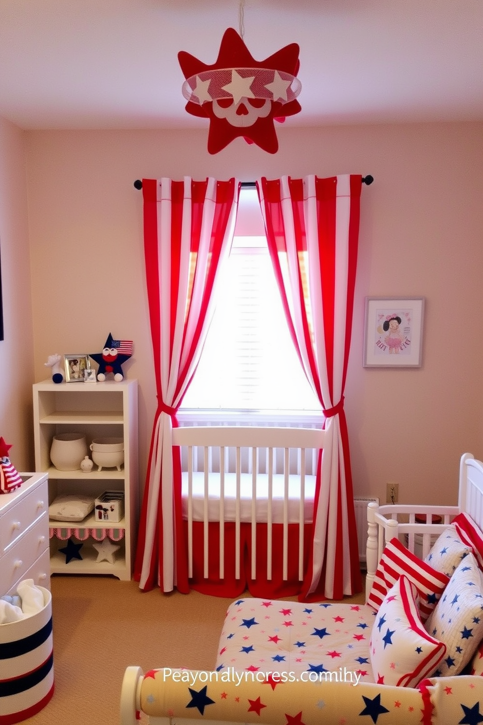 A cheerful nursery decorated for Independence Day features red and white striped curtains that frame the windows. The room is filled with playful elements like stars and stripes on the bedding and wall art, creating a festive and inviting atmosphere.