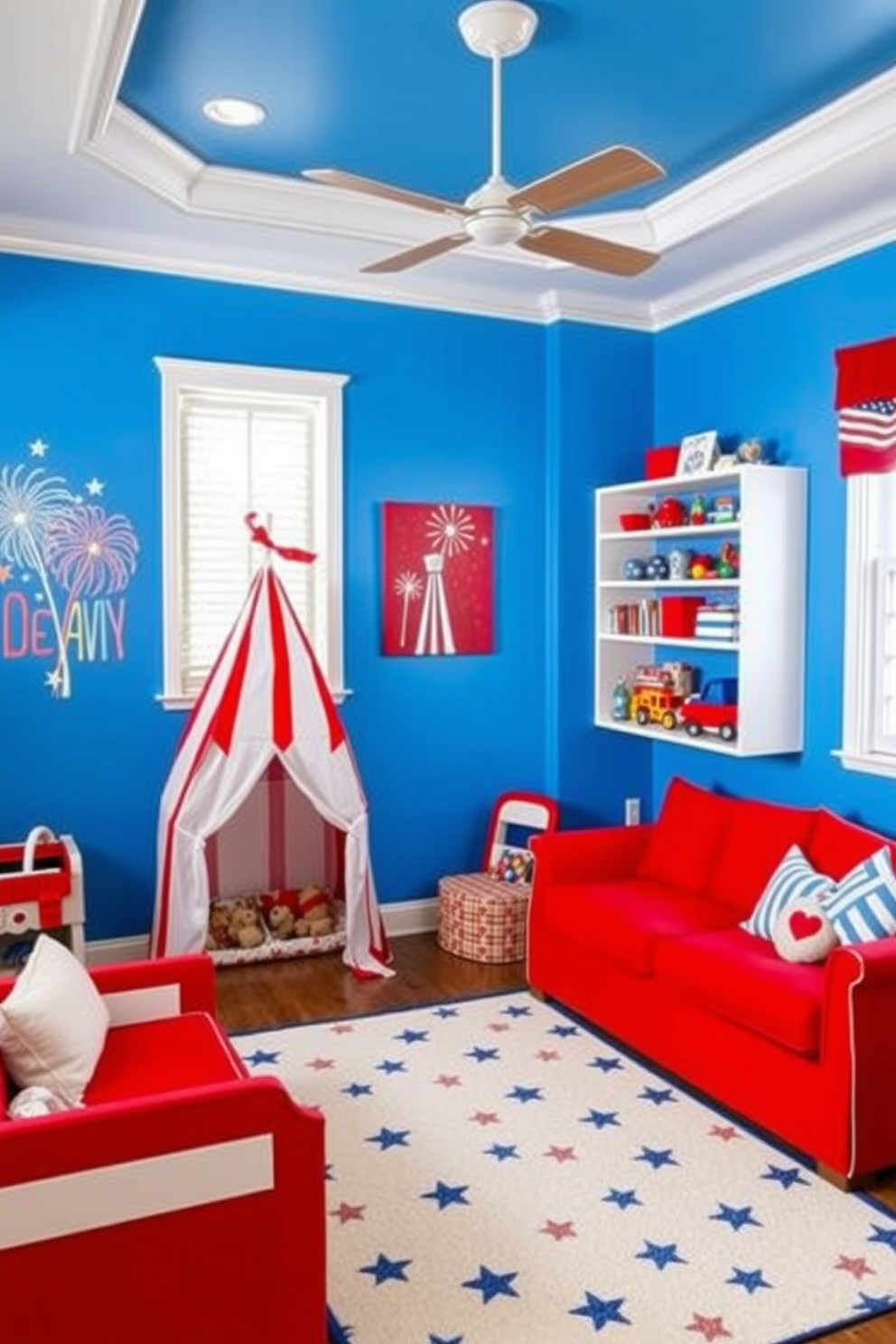 A vibrant playroom designed with a red white and blue color scheme features walls painted in a bright blue hue. The furniture includes a red sofa with white cushions and a large white rug adorned with stars, creating a festive atmosphere for Independence Day celebrations. Colorful artwork depicting fireworks and flags hangs on the walls, while a playful red and white striped tent occupies one corner of the room. A collection of red blue and white toys is neatly arranged on open shelves, inviting children to engage in creative play.