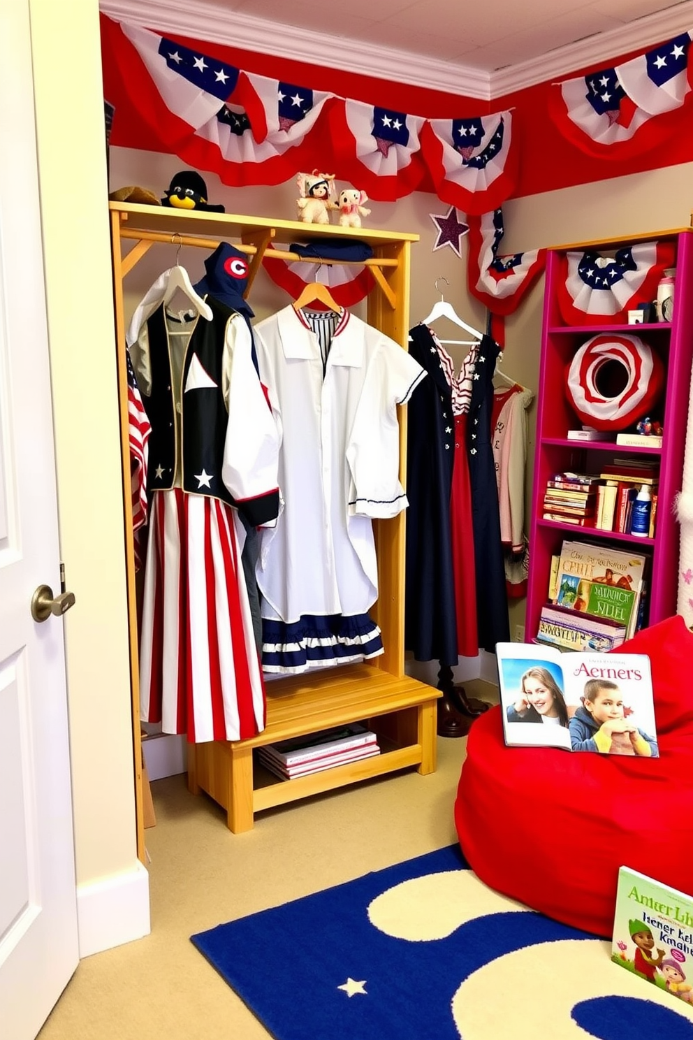 A vibrant dress-up corner themed for Independence Day features a red white and blue color scheme. Costumes of historical figures and patriotic attire hang on a wooden rack with a small bench for kids to sit while dressing up. The playroom is adorned with festive decorations such as stars and stripes bunting. A cozy reading nook with a red bean bag chair invites children to enjoy stories about American history.