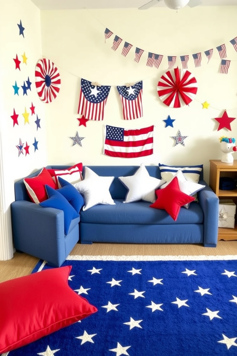 Create a vibrant playroom setting for Independence Day. Incorporate star-shaped pillows in red, white, and blue hues scattered across a cozy seating area. The walls should be adorned with festive decorations, featuring flags and stars. A playful rug with a patriotic design anchors the space, inviting children to sit and play.