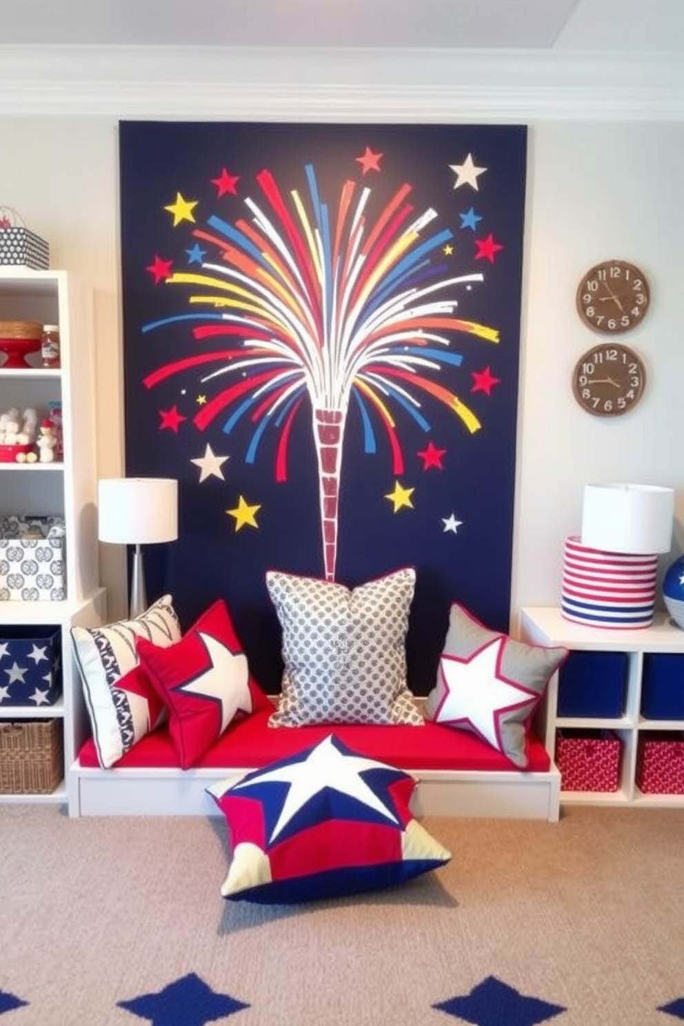 Firecracker inspired wall art brings a festive and vibrant atmosphere to the playroom. The artwork features bold colors and dynamic shapes, celebrating the spirit of Independence Day. Incorporate playful elements such as star-shaped cushions and red, white, and blue accents throughout the space. The overall design creates an engaging environment for children to enjoy and explore their creativity.