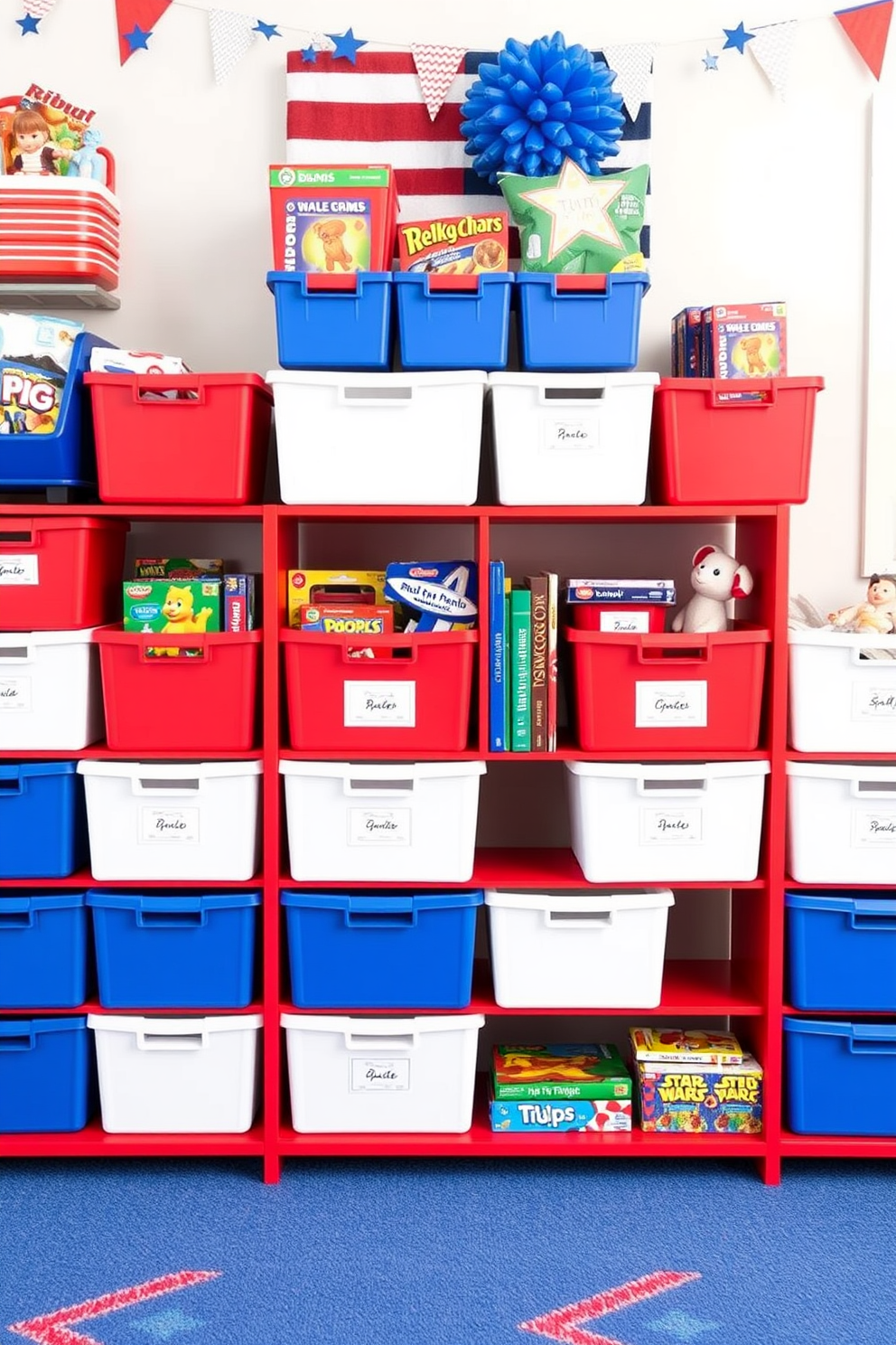 Red white and blue storage bins are arranged neatly in a vibrant playroom designed for Independence Day celebrations. The bins are filled with toys and games, adding a festive touch to the space while keeping it organized and playful.