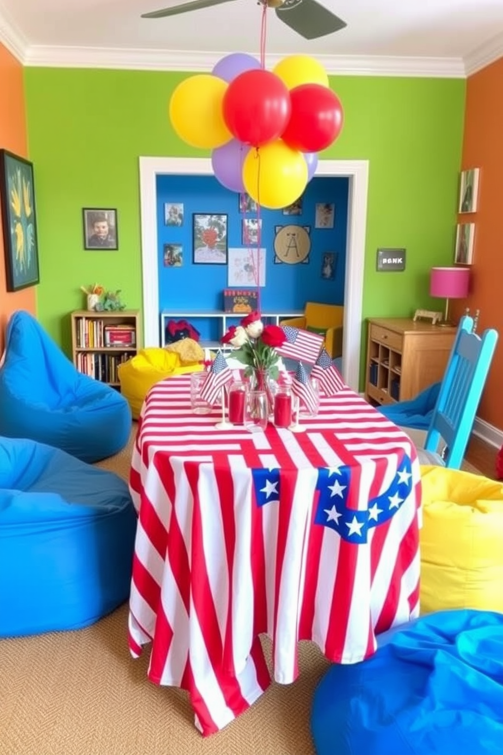 A vibrant tabletop setting adorned with a patriotic tablecloth featuring red white and blue stripes. The table is decorated with festive centerpieces including small American flags and colorful balloons to celebrate Independence Day. In the playroom a cozy reading nook is created with bean bag chairs in bright primary colors. The walls are painted in cheerful hues and adorned with playful artwork to inspire creativity and fun.