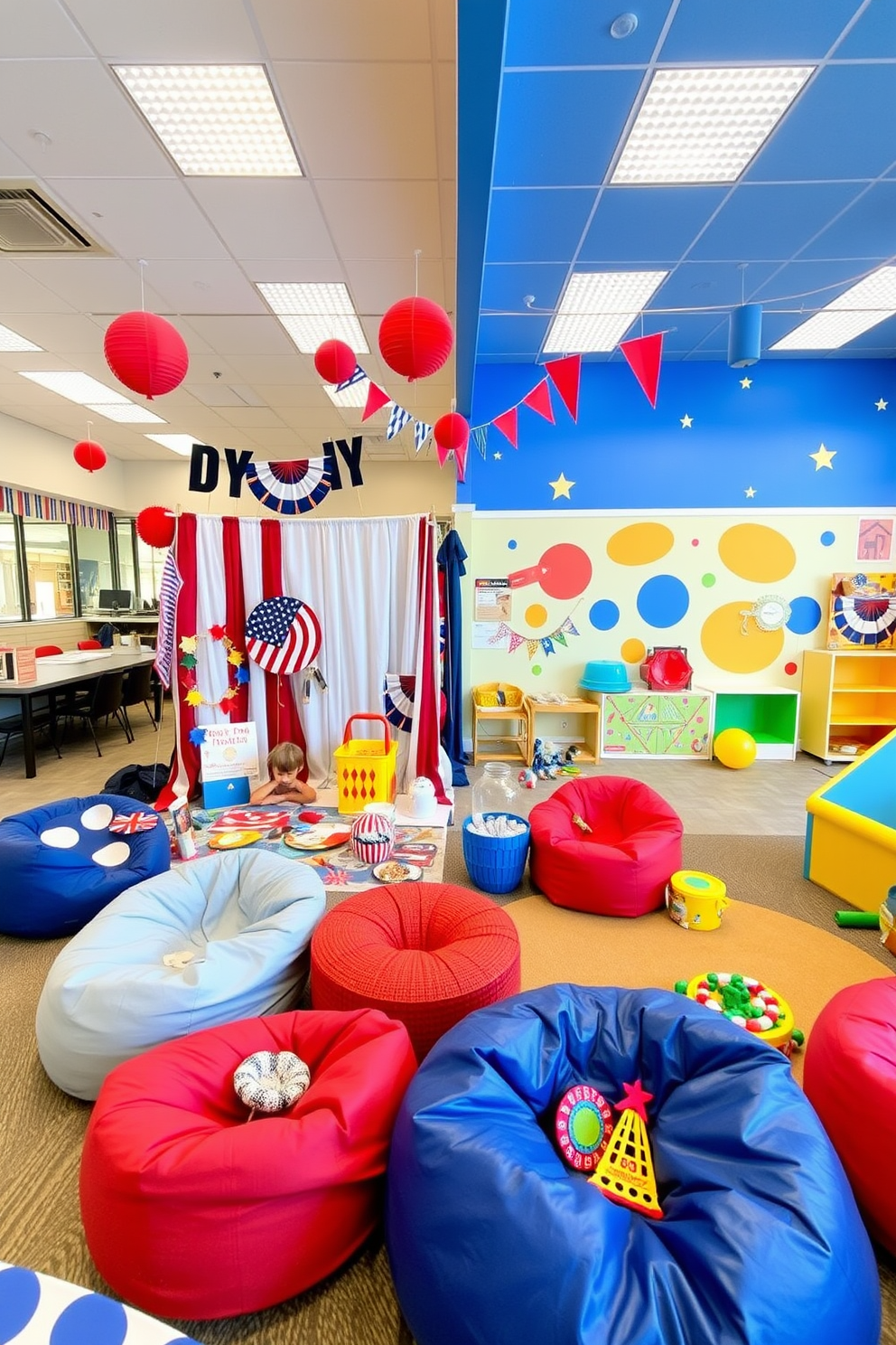 A vibrant DIY photo booth is set up in a spacious area, adorned with red, white, and blue decorations to celebrate Independence Day. Colorful props such as oversized sunglasses, hats, and banners are scattered around, inviting guests to capture fun memories. The playroom is designed with a playful theme, featuring bright colors and whimsical patterns on the walls. Cozy seating areas with bean bags and a variety of toys are arranged to create an inviting and engaging environment for children.