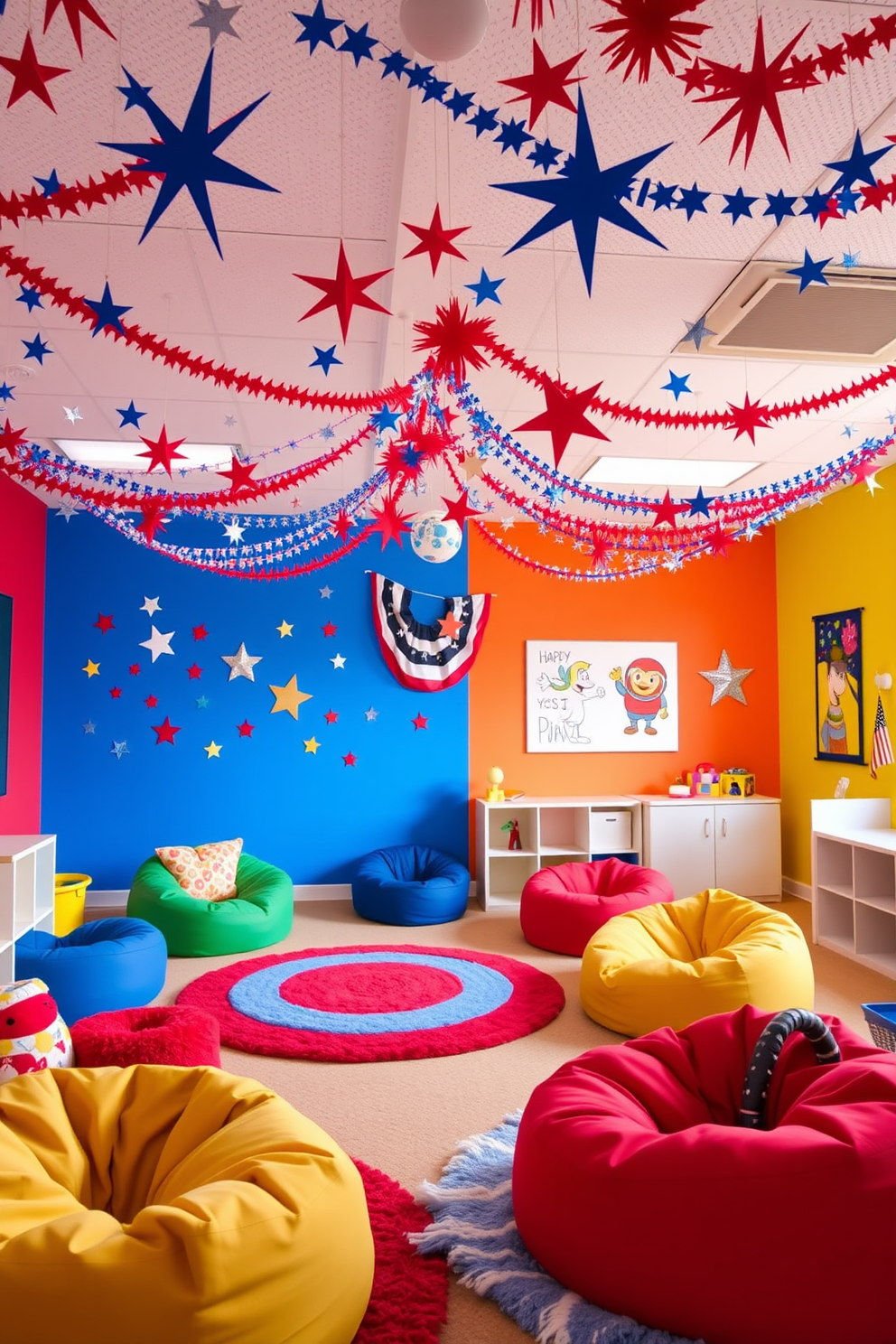 A vibrant playroom filled with excitement and creativity. The ceiling is adorned with star-spangled decorations in red white and blue celebrating Independence Day. Colorful bean bags and plush rugs scatter across the floor inviting children to play. Walls are painted in bright primary colors with playful artwork that inspires imagination.