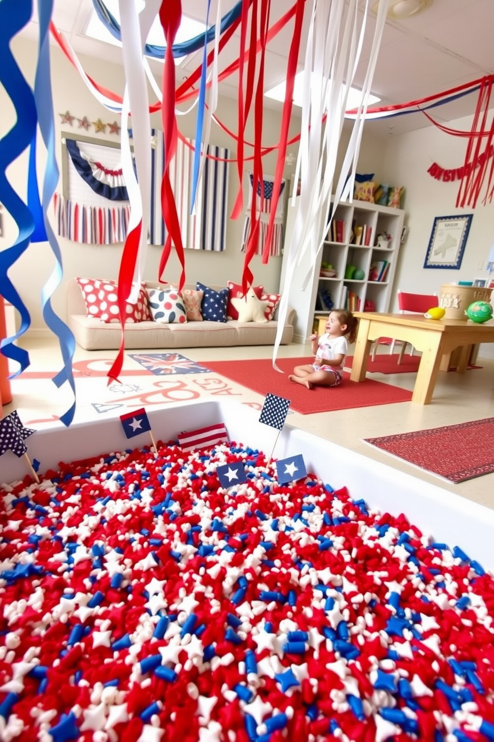 A vibrant Independence Day themed sensory bin filled with red white and blue rice and small flags. The bin includes various textures such as soft fabric stars and shiny foil streamers for sensory exploration. A festive playroom decorated for Independence Day featuring red white and blue streamers hanging from the ceiling. The space includes a cozy reading nook with patriotic pillows and a table set for craft activities with themed supplies.