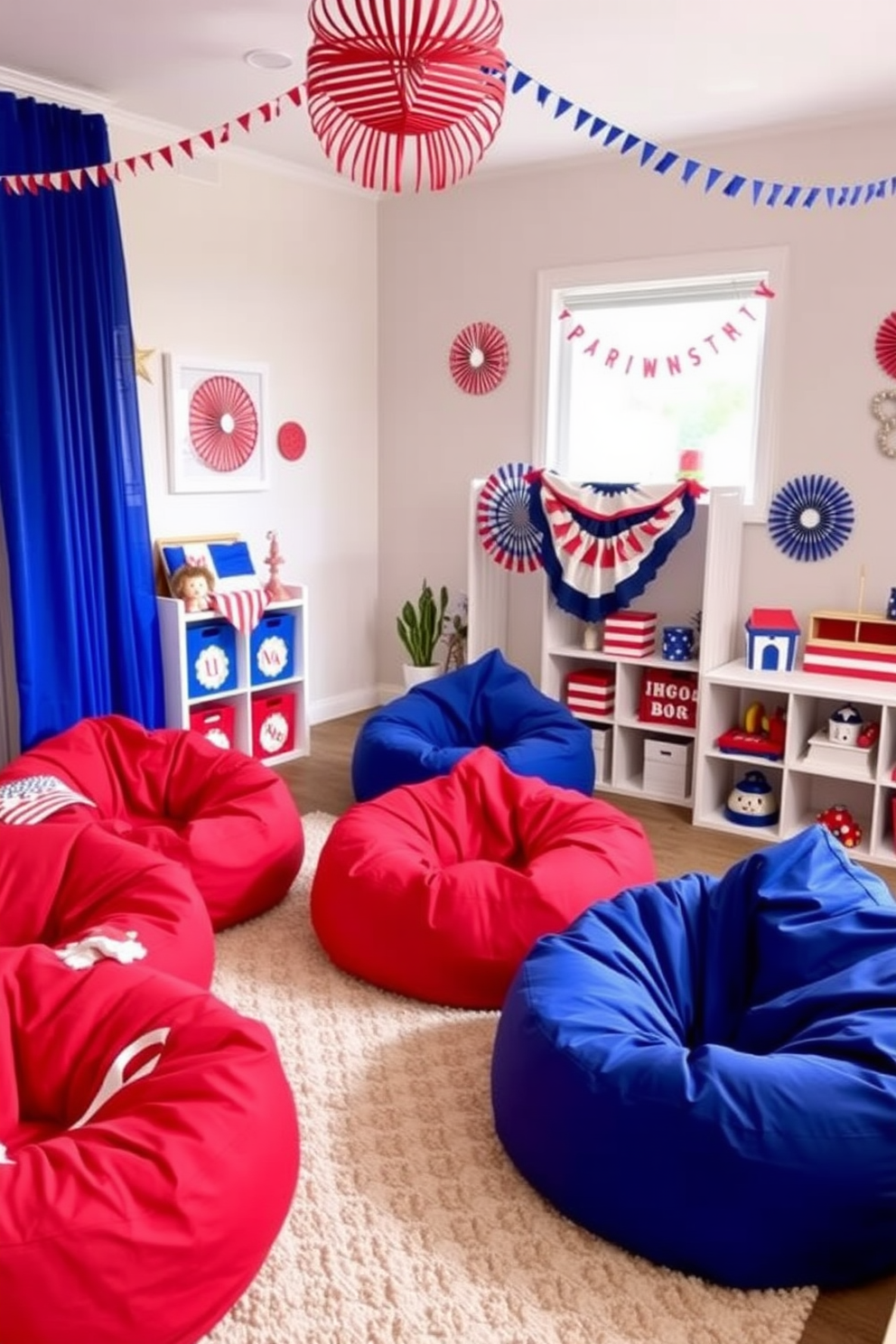 Create a vibrant playroom setting decorated for Independence Day featuring red white and blue bean bags scattered throughout the space. The walls are adorned with festive decorations and the floor is covered with a soft area rug that complements the color scheme.