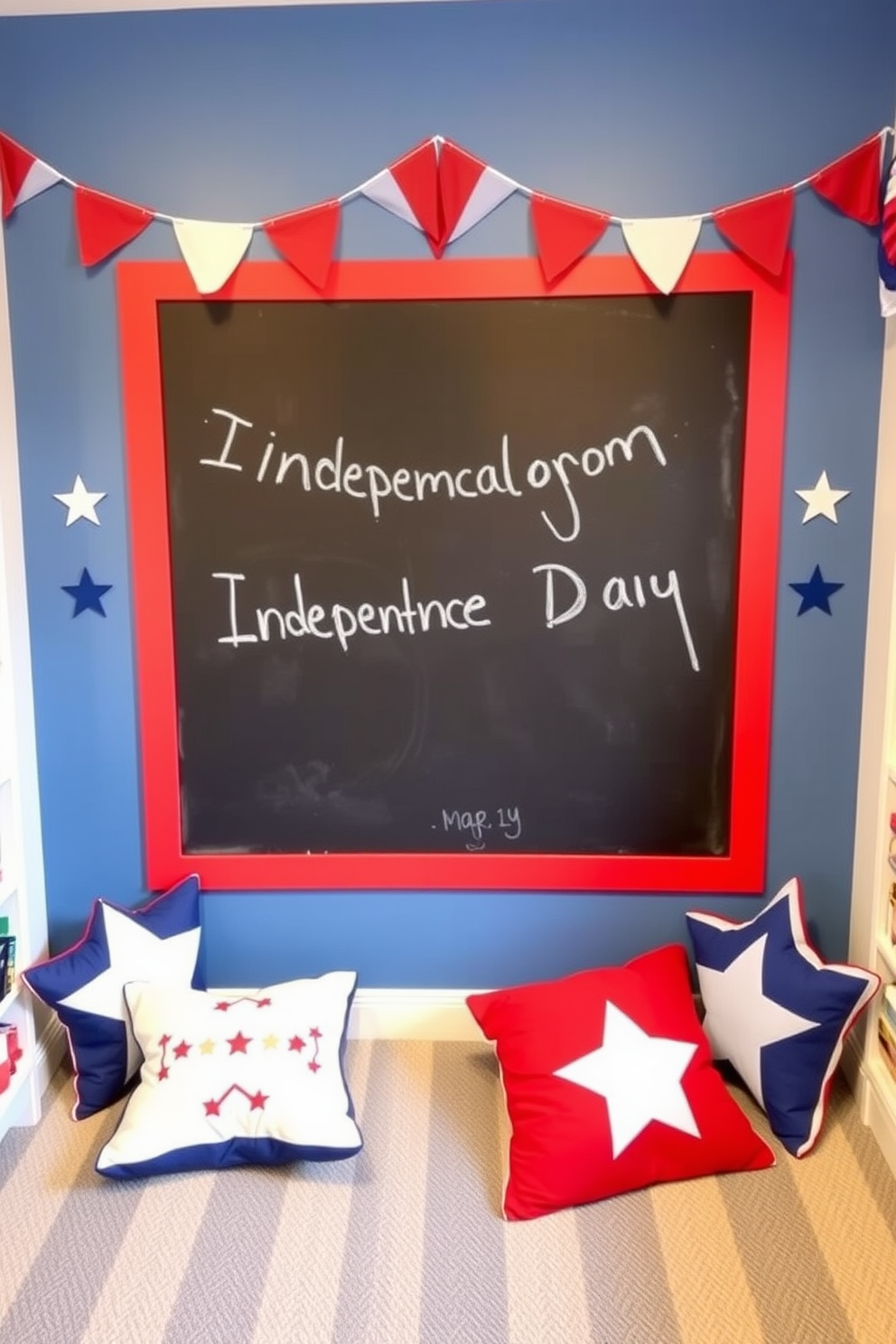 A vibrant playroom decorated for Independence Day features a large chalkboard painted in patriotic colors. The chalkboard is surrounded by playful, red, white, and blue decor, including star-shaped cushions and festive bunting.