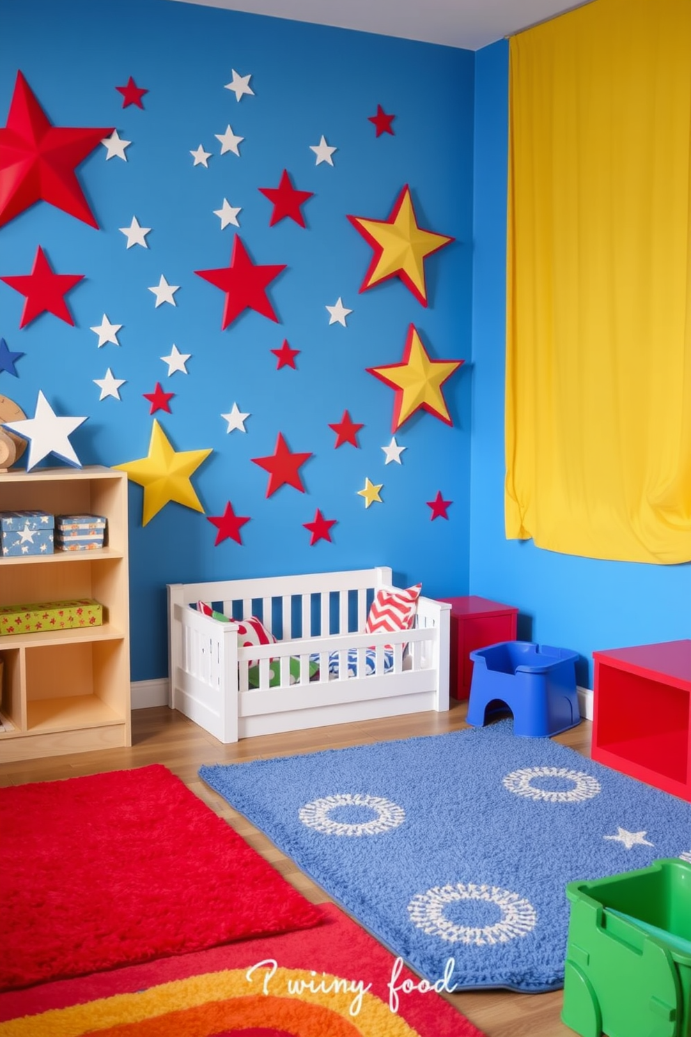 A vibrant playroom adorned with stars and stripes wall decals celebrating Independence Day. The walls are painted in a bright blue hue, and colorful rugs lay scattered across the floor, creating a playful atmosphere.