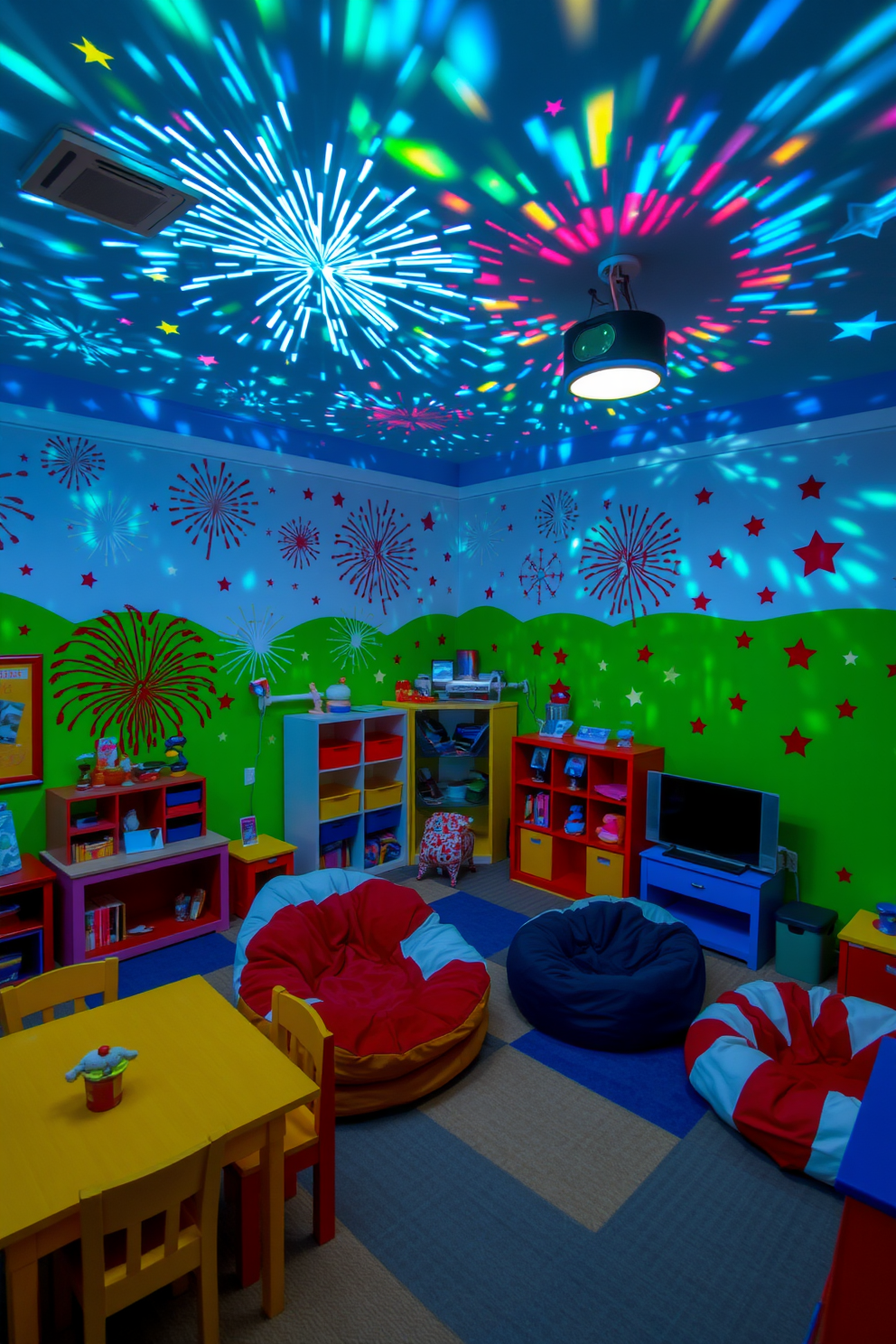 A vibrant playroom filled with colorful furniture and playful decorations. The walls are adorned with cheerful murals depicting fireworks and stars, creating a festive atmosphere for Independence Day celebrations. In one corner, a cozy reading nook features bean bags in red, white, and blue. A fireworks light projector casts dynamic patterns across the ceiling, enhancing the room's lively spirit.