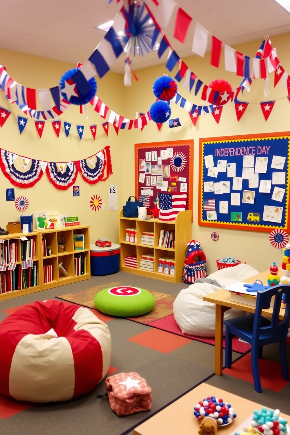 A vibrant playroom filled with colorful decorations celebrating Independence Day. The walls are adorned with red, white, and blue bunting, and a large bulletin board showcases kids' artwork in a festive display. In one corner, a cozy reading nook features a patriotic-themed bean bag chair and a small bookshelf filled with books about American history. A craft station is set up with supplies for children to create their own Independence Day decorations.