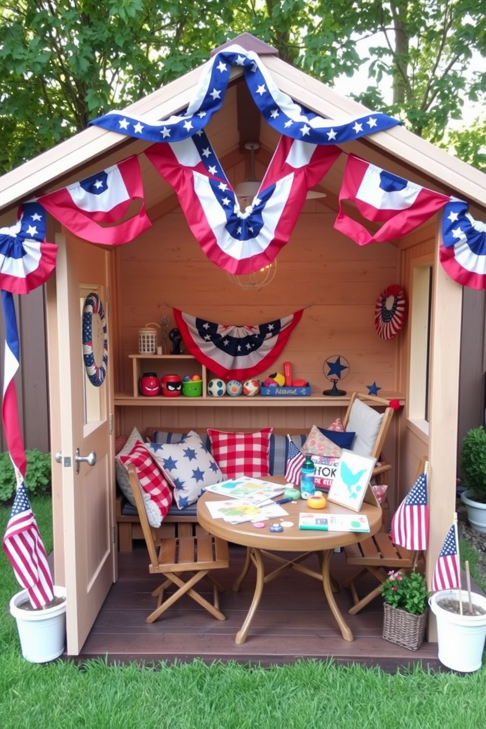 A charming outdoor playhouse adorned with festive decorations for Independence Day. Red white and blue bunting drapes from the roof while small American flags are placed around the entrance. Inside the playhouse a cozy playroom is filled with colorful cushions and toys. A small table is set up for arts and crafts with patriotic themed supplies ready for creative fun.