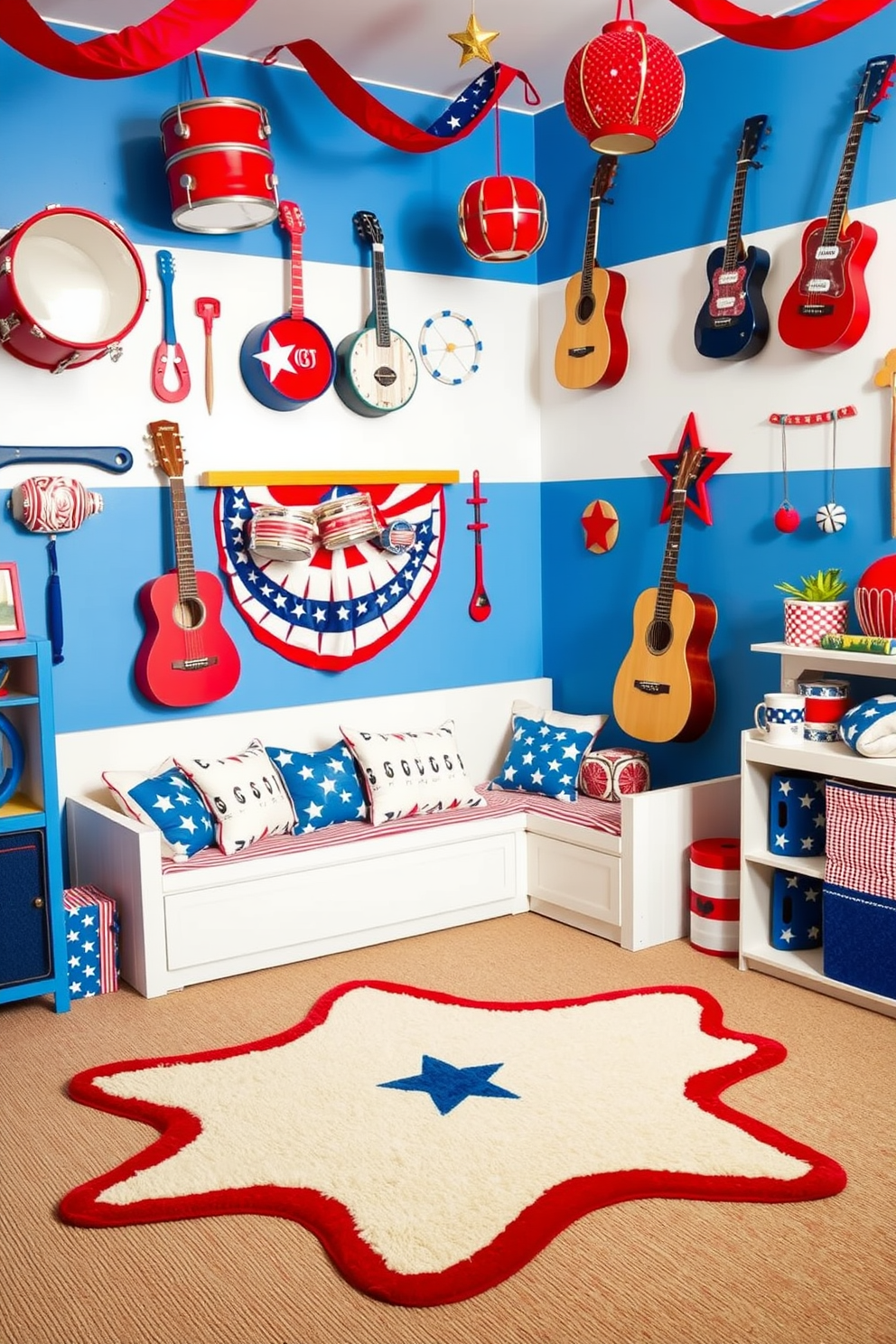 Create a vibrant playroom decorated with patriotic themed musical instruments for Independence Day celebrations. Include colorful drums, guitars, and tambourines displayed on the walls, along with red, white, and blue accents throughout the space. Incorporate a cozy reading nook with cushions featuring stars and stripes patterns. Add a playful rug shaped like a star to tie the theme together, creating an inviting atmosphere for children to enjoy music and play.