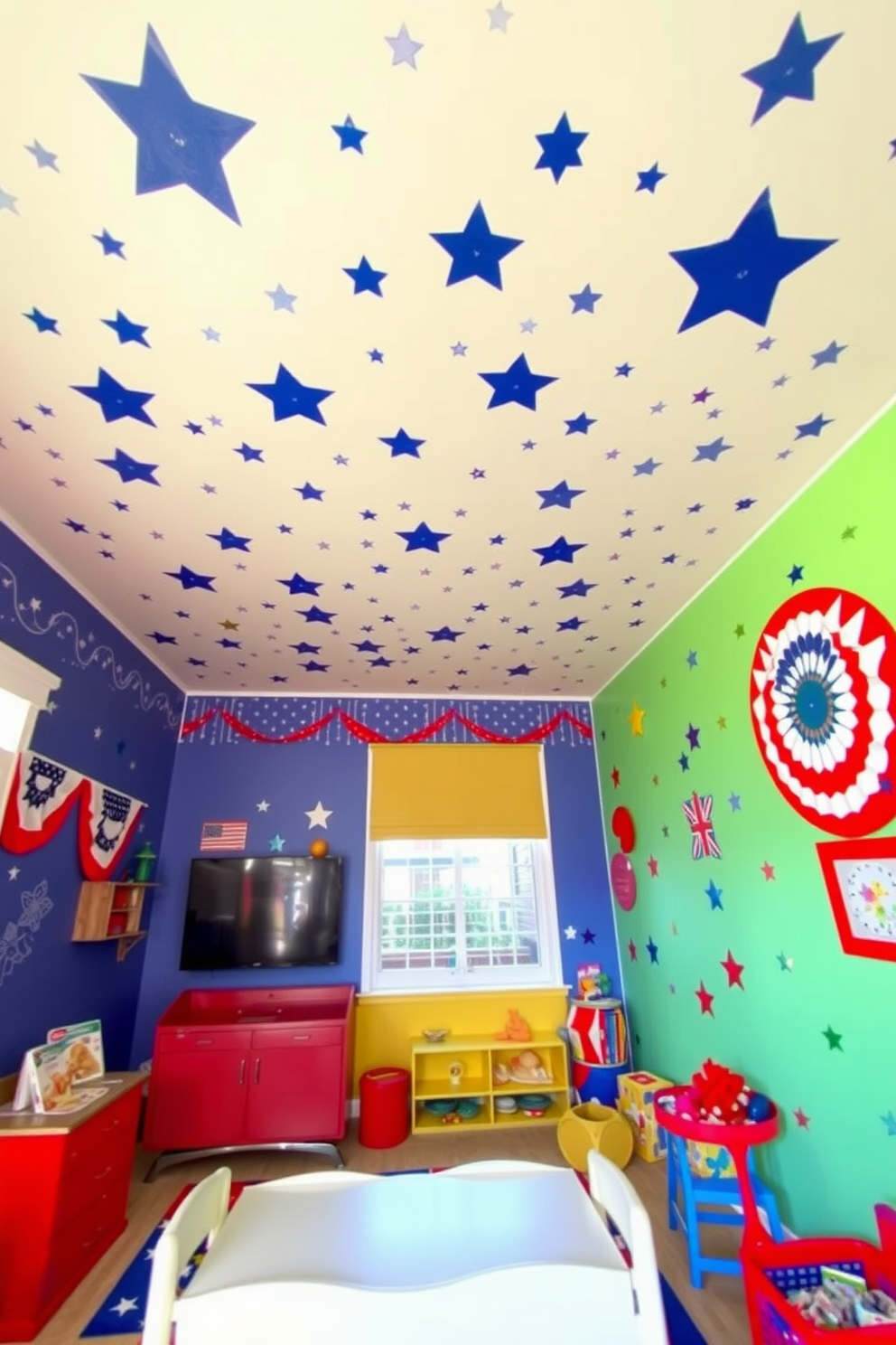 A playroom designed for children featuring a ceiling adorned with starry night stickers that create a magical atmosphere. The walls are painted in bright colors with playful patterns, and there are various Independence Day decorations, including red, white, and blue accents throughout the space.